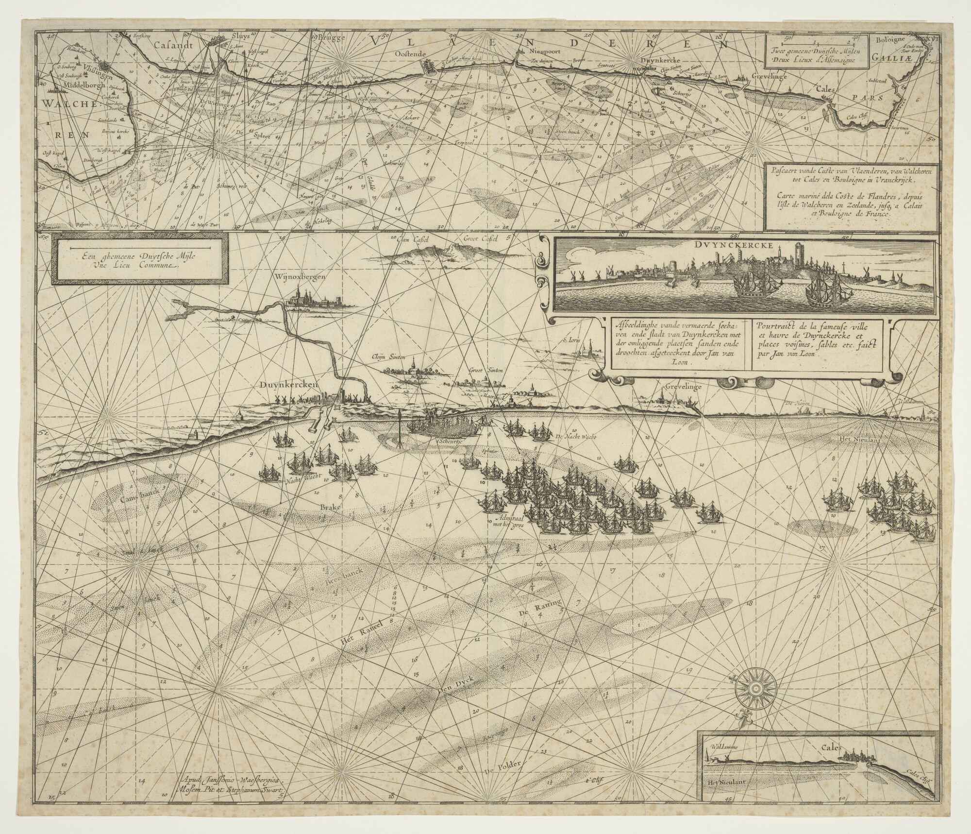 A.2185(06); Kaart van stad en haven van Duinkerken en Calais, en paskaart van de kust van Vlaanderen; zeekaart