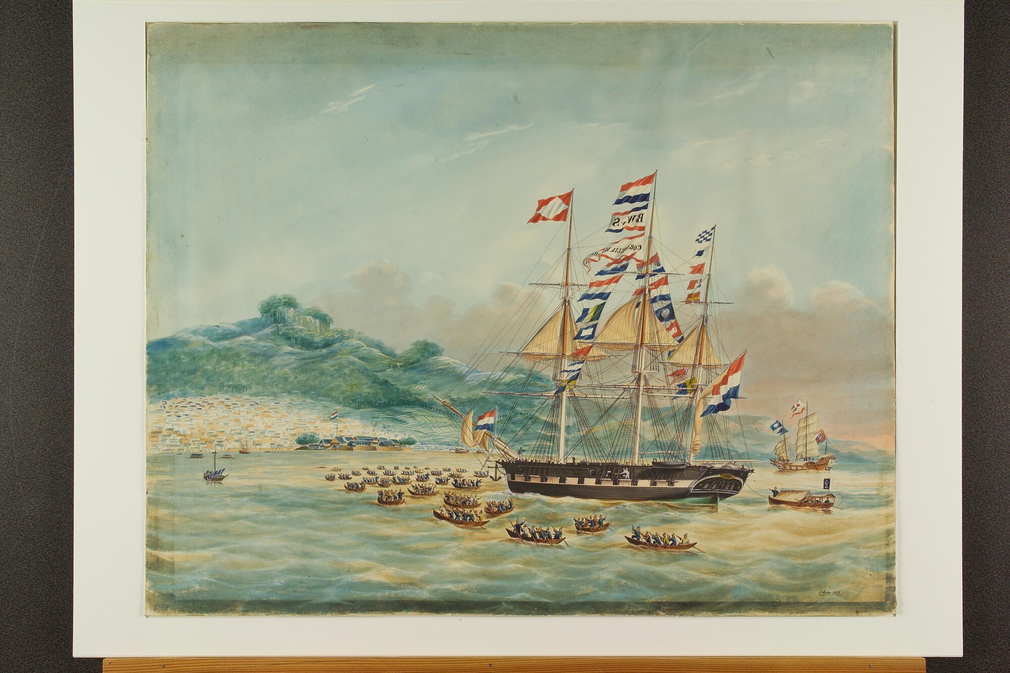 S.2227(03); Het fregatschip Cornelia Henriette op de rede van Deshima; tekening