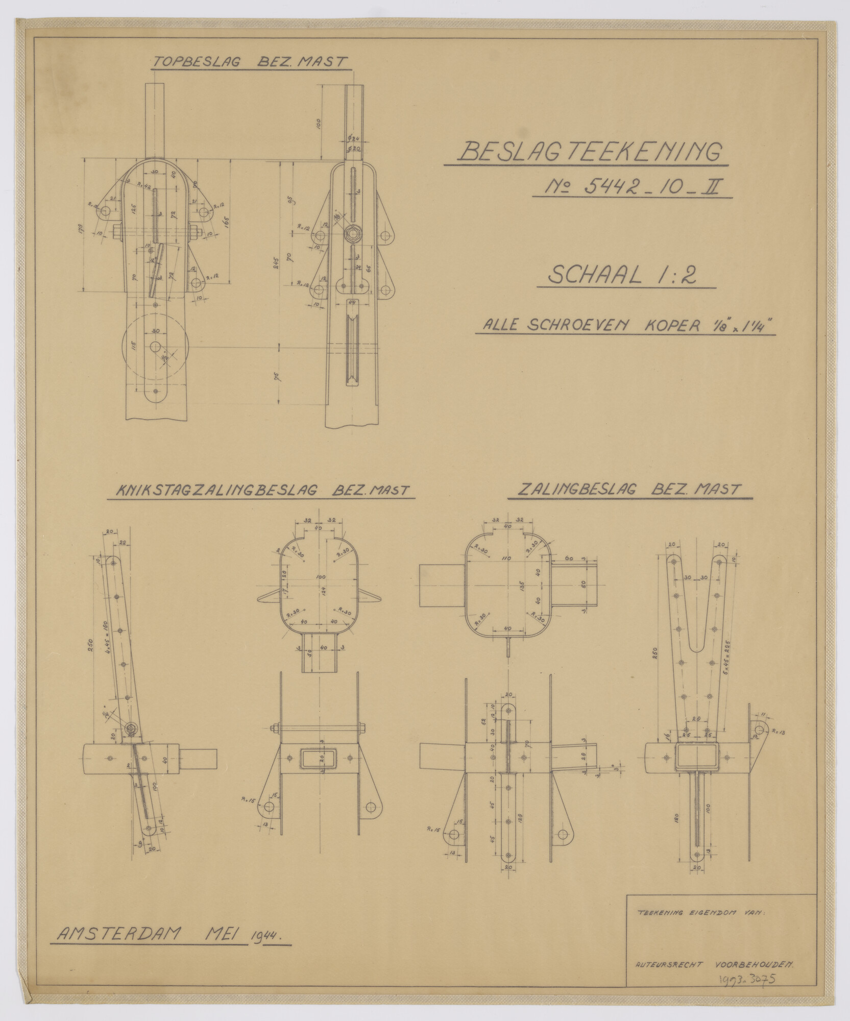 1993.3075; Beslagtekening van yawl, 13 meter; technische tekening