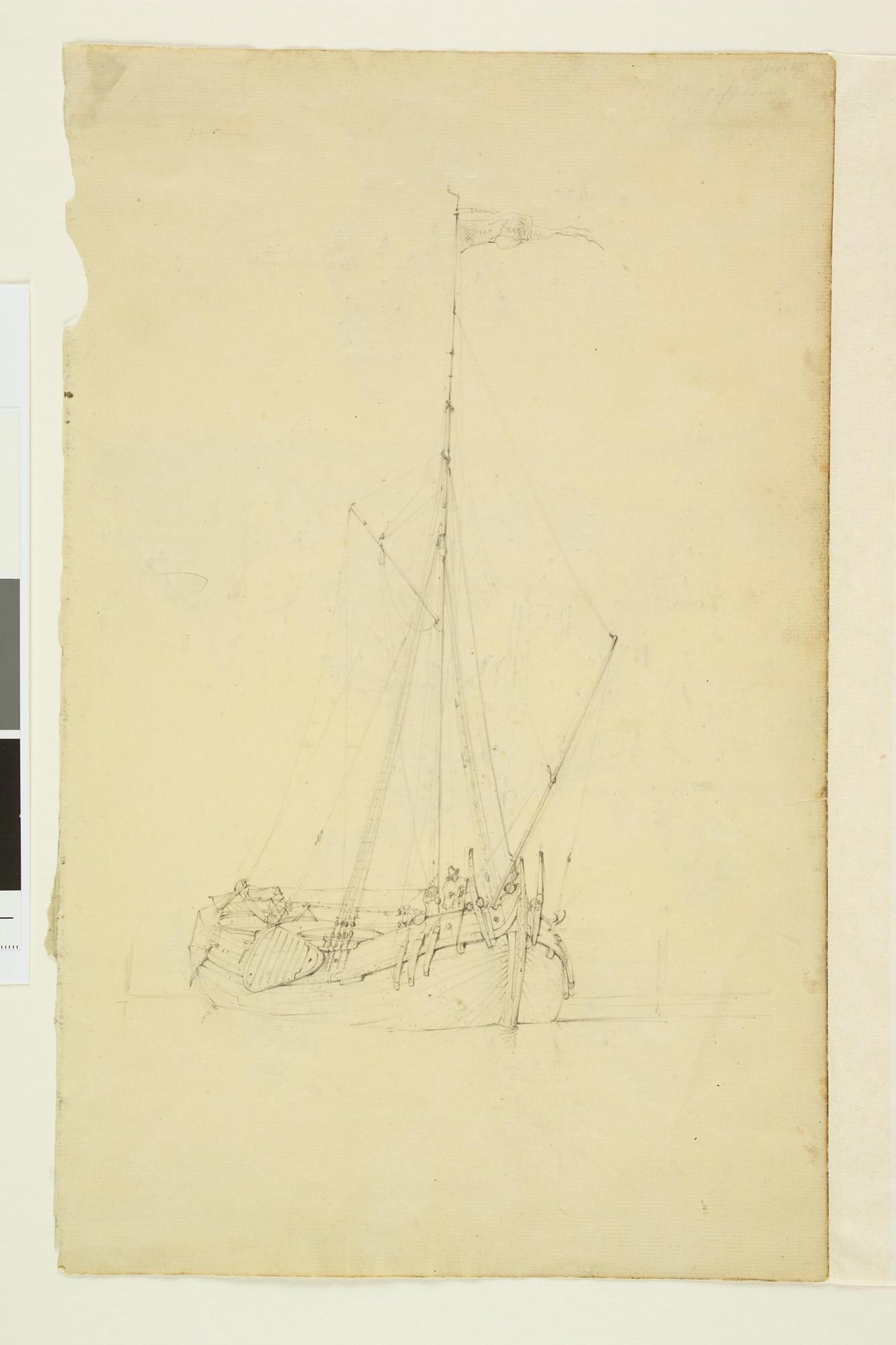 A.0149(0482); Een gaffelschip en verso studies van een molen en figuren; tekening