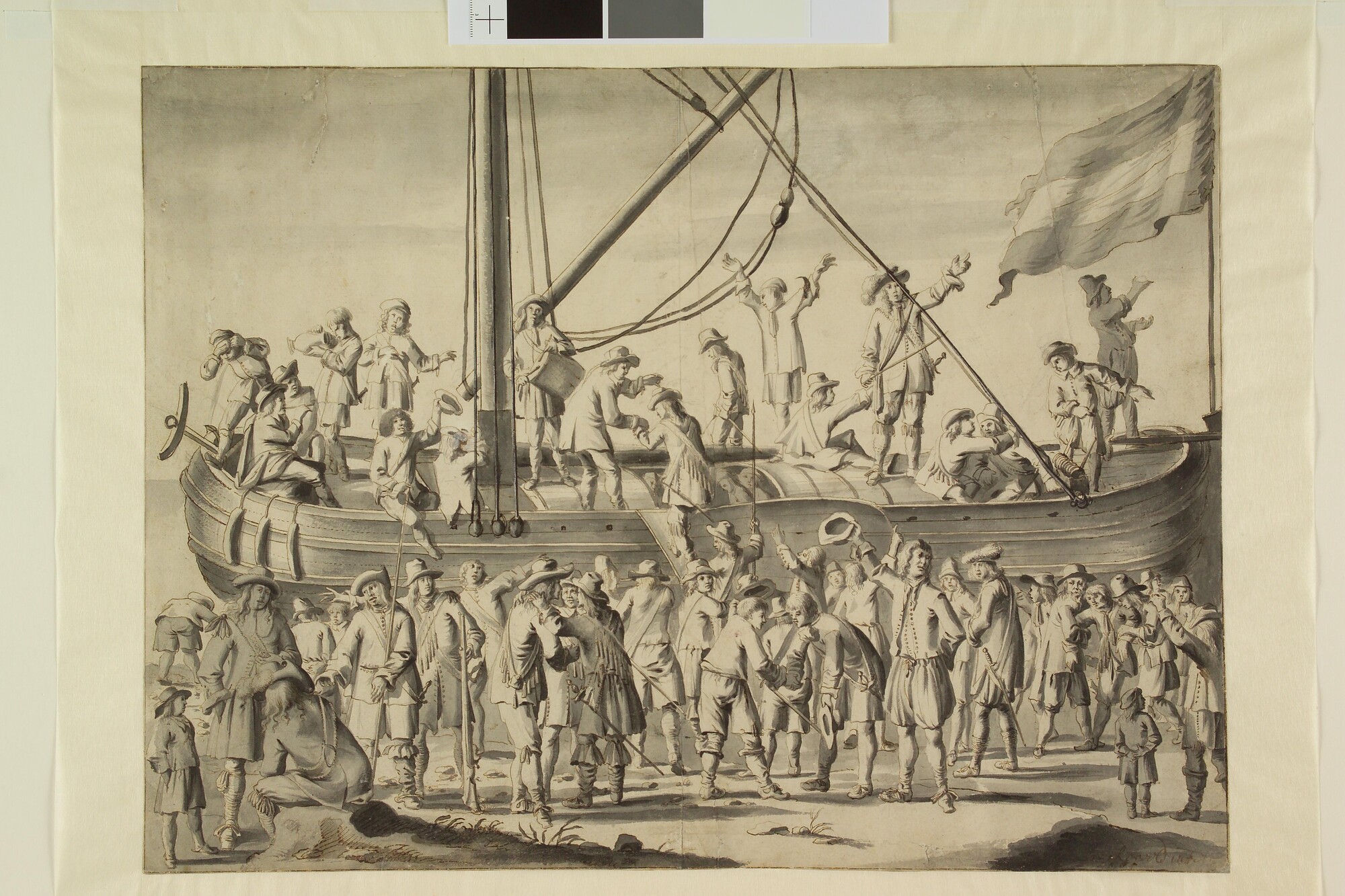 A.1361(21); Het inschepen van soldaten in een binnenvaartschip; tekening