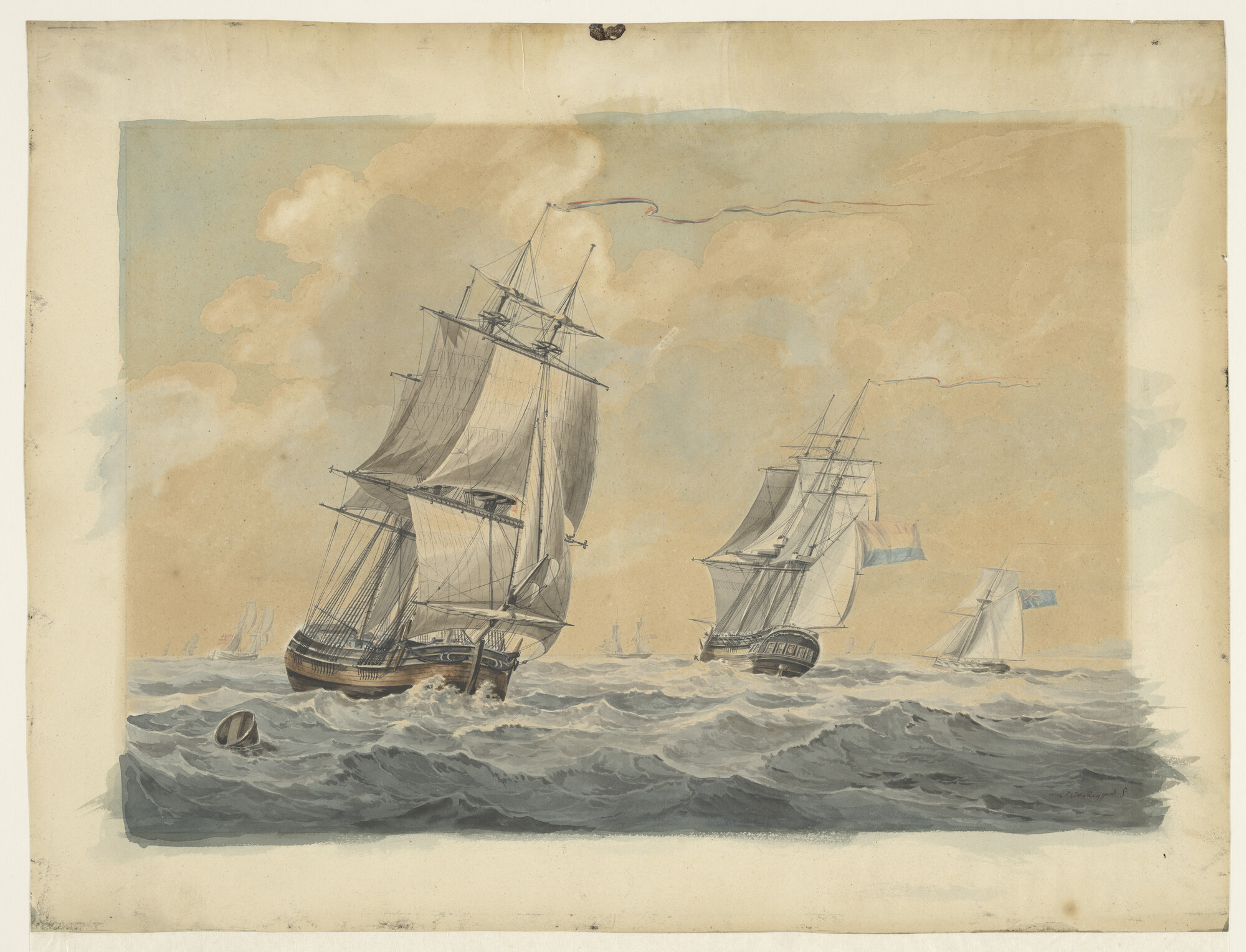 A.1751(02); Een driemastkofschip, een fregatschip en een Engelse kotter; tekening
