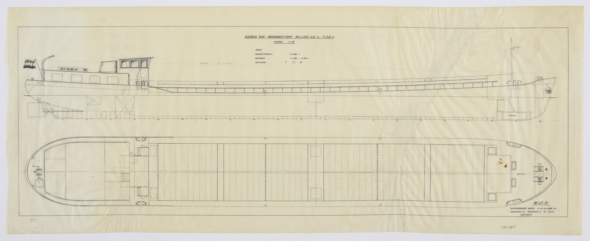 1992.0925; Algemeen plan ZZ/BZ motorvrachtschip voor R. Huisman - Rohel (Friesland) -; technische tekening