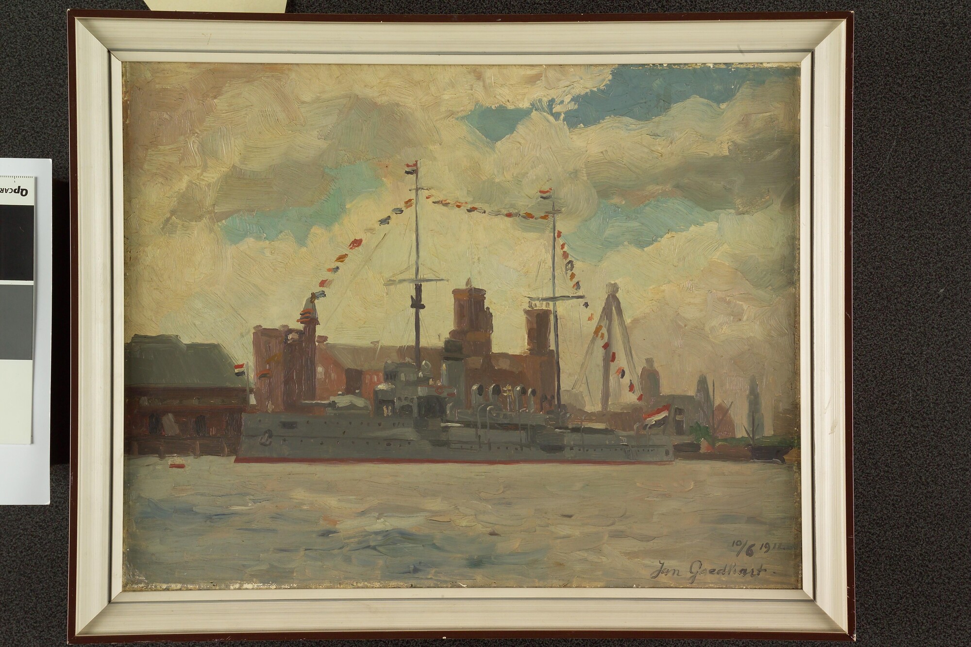 A.4955(04); Oorlogsschip in de haven van Amsterdam; schilderij