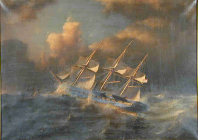 A.0060(02); Het schroefstoomschip 4e klasse Zr.Ms. Riouw in zwaar weer; schilderij