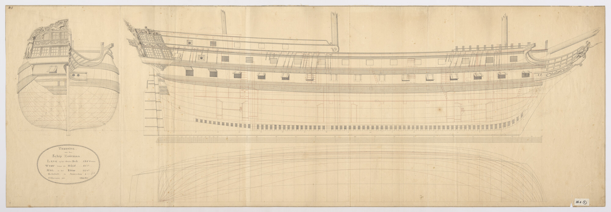 A.0149(0940); Lijnenplan van het oorlogsschip 'Zoutman' van 80 stukken; technische tekening