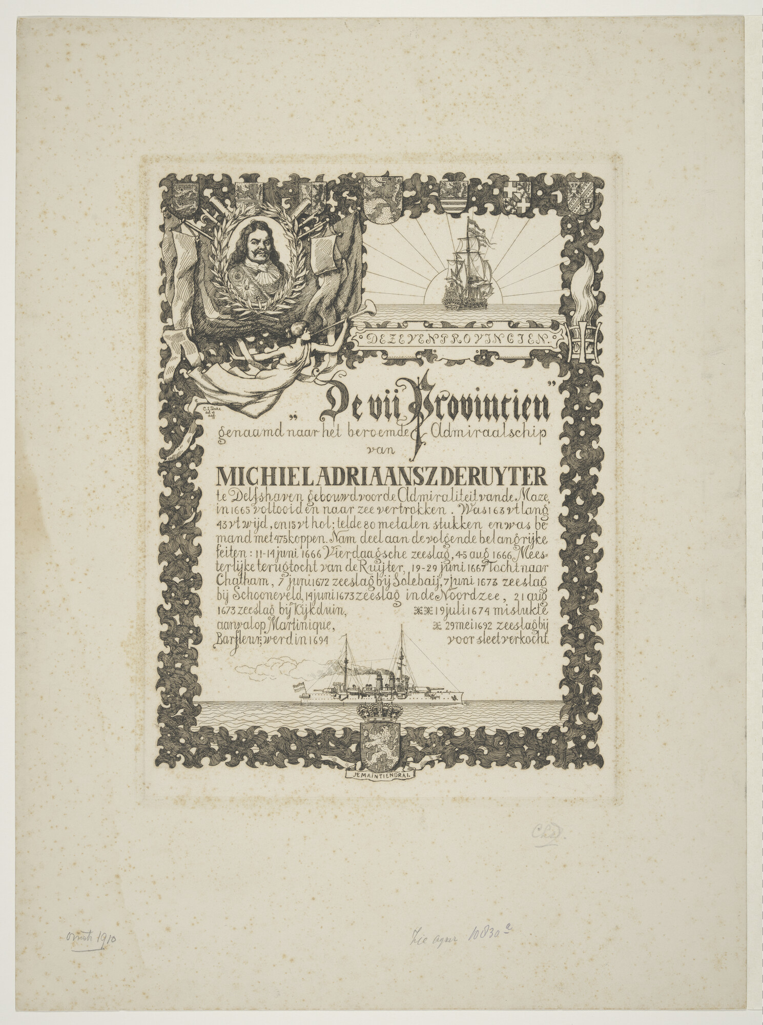 1996.1508; Prent uitgegeven naar aanleiding van de bouw van de Hr.Ms. 'Zeven Provinciën' in 1910; prent