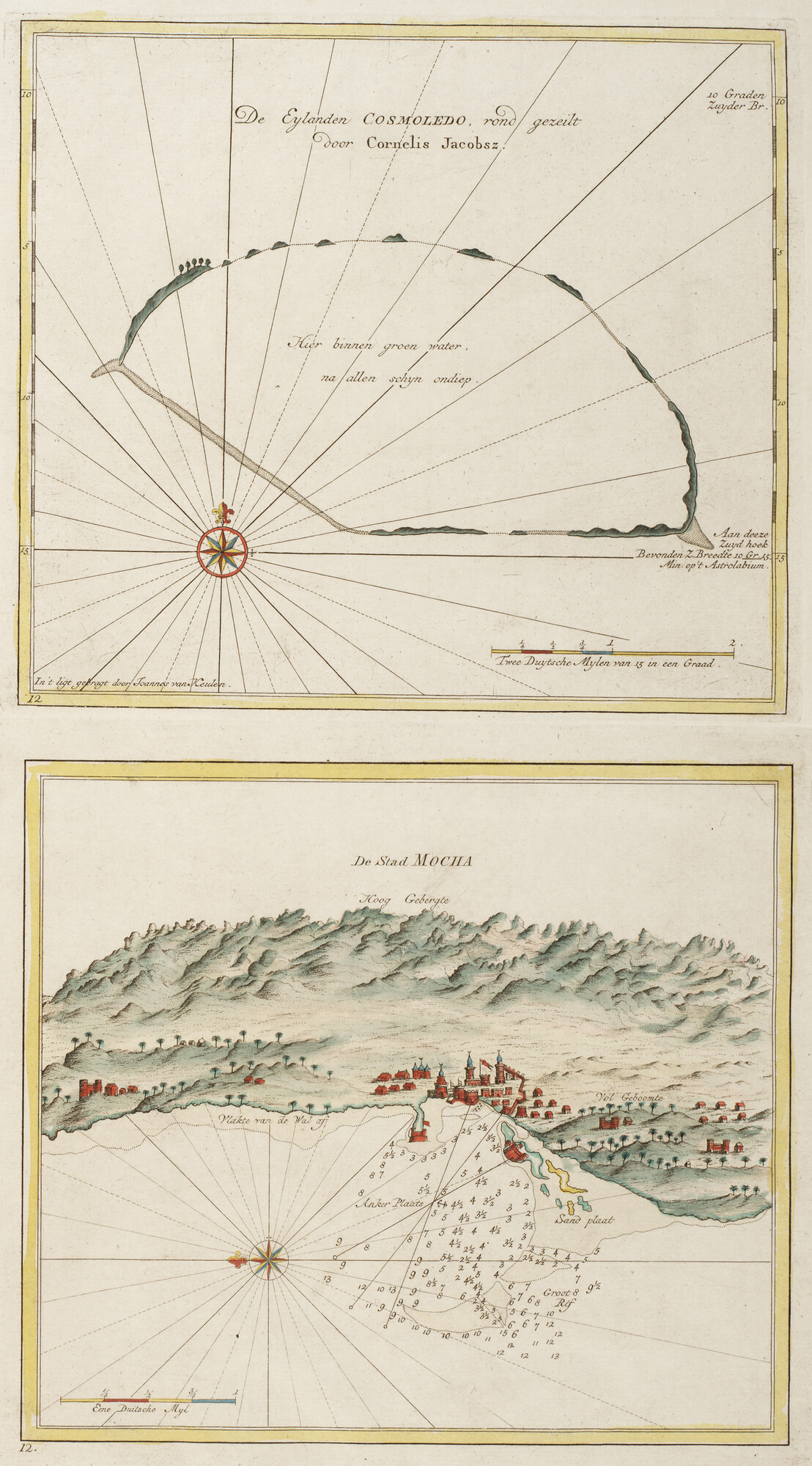 B.0032(109)6 [kaart 030]; Zeekaart van het eiland Cosmoledo en aanzicht van de stad Mocha; prent