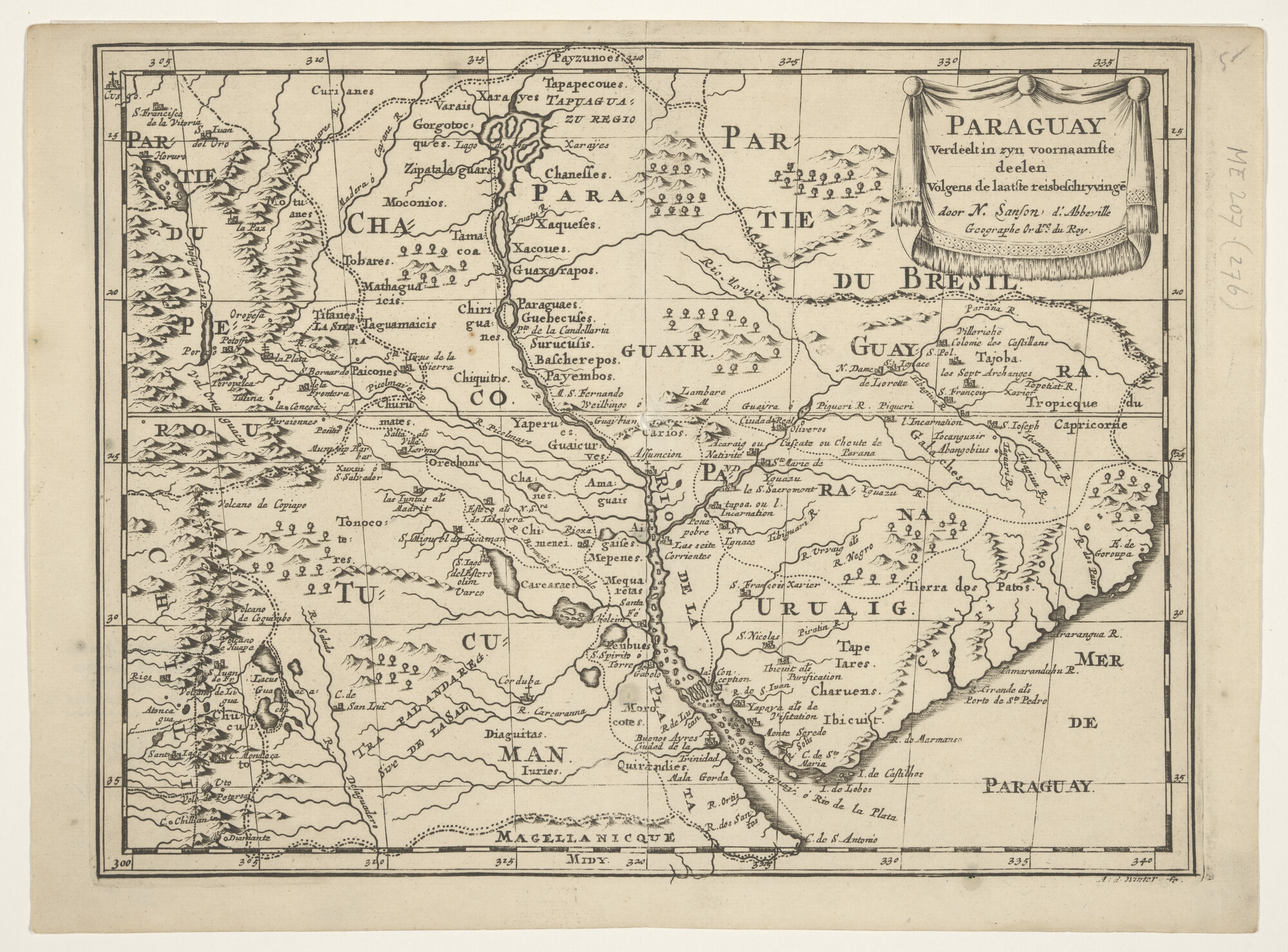 A.4692(01)01; Kaart van Paraguay, door Nicolas Sanson (1600 - 1667), gegraveerd door Antony; landkaart