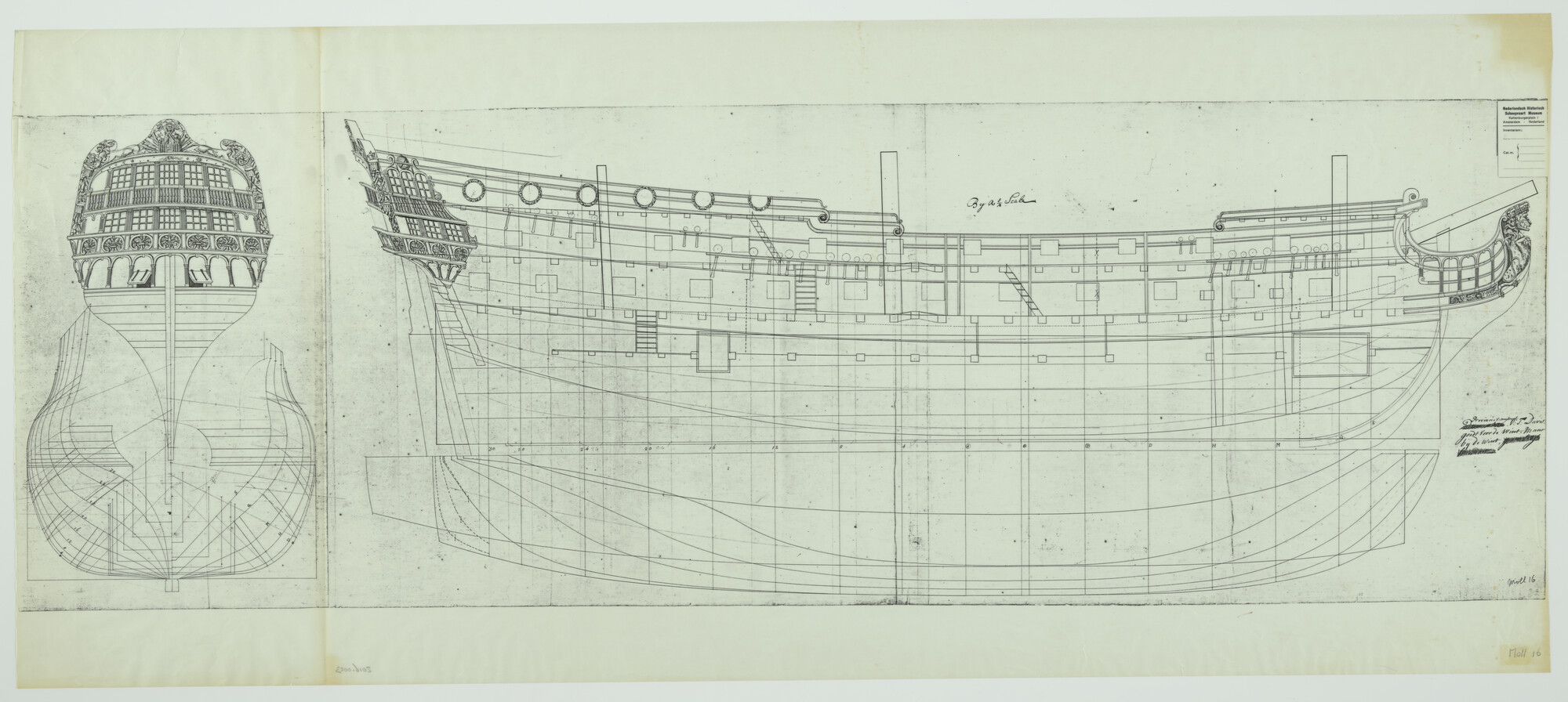 2016.0023; Lijnenplan en spantenraam van 's Lands schip van oorlog De Prowentie Uitreght (De Provincie Utrecht) van 64 stukken; technische tekening