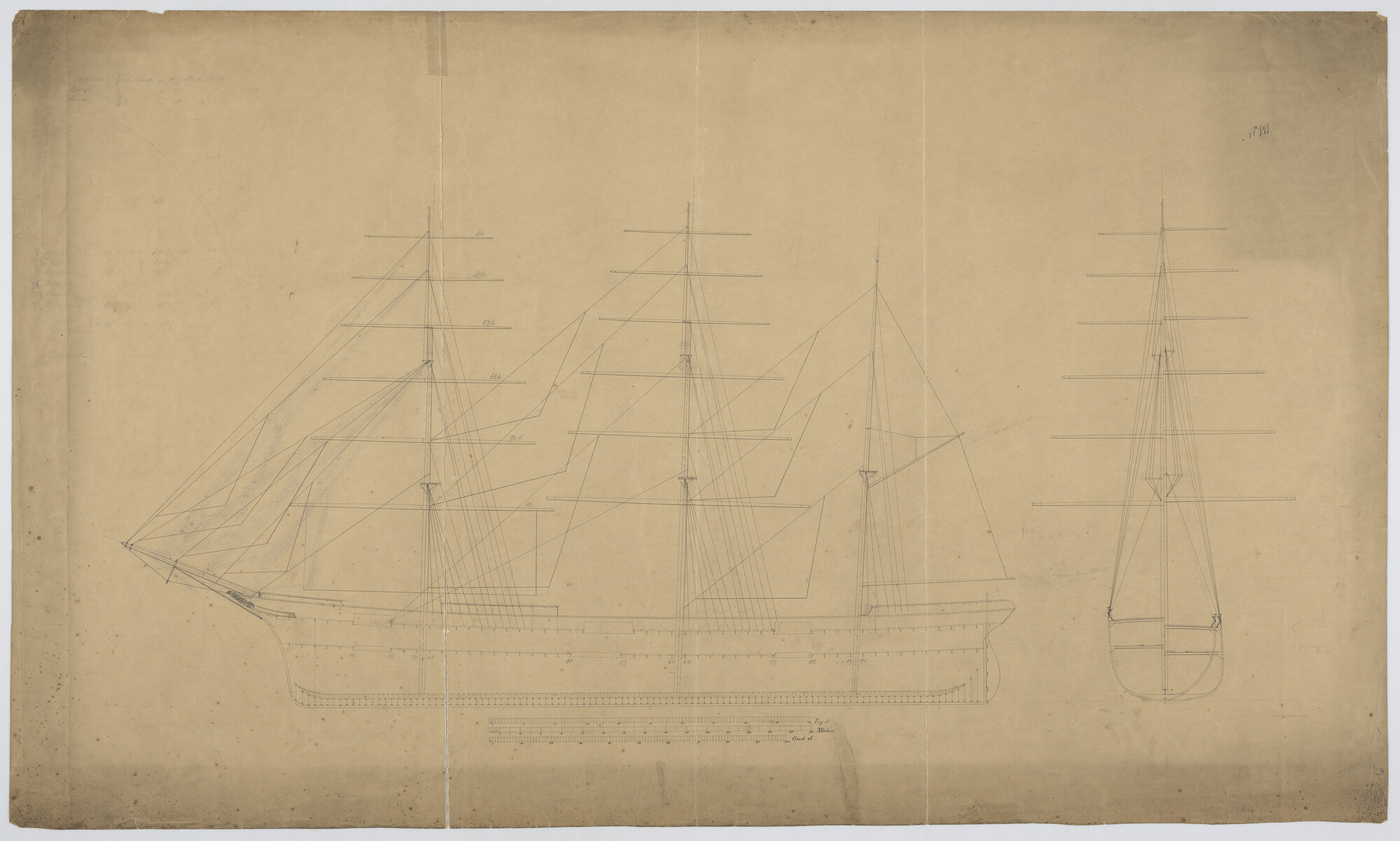 S.1156(05)0084; Tuigplan van de klipperbark Van Galen; technische tekening