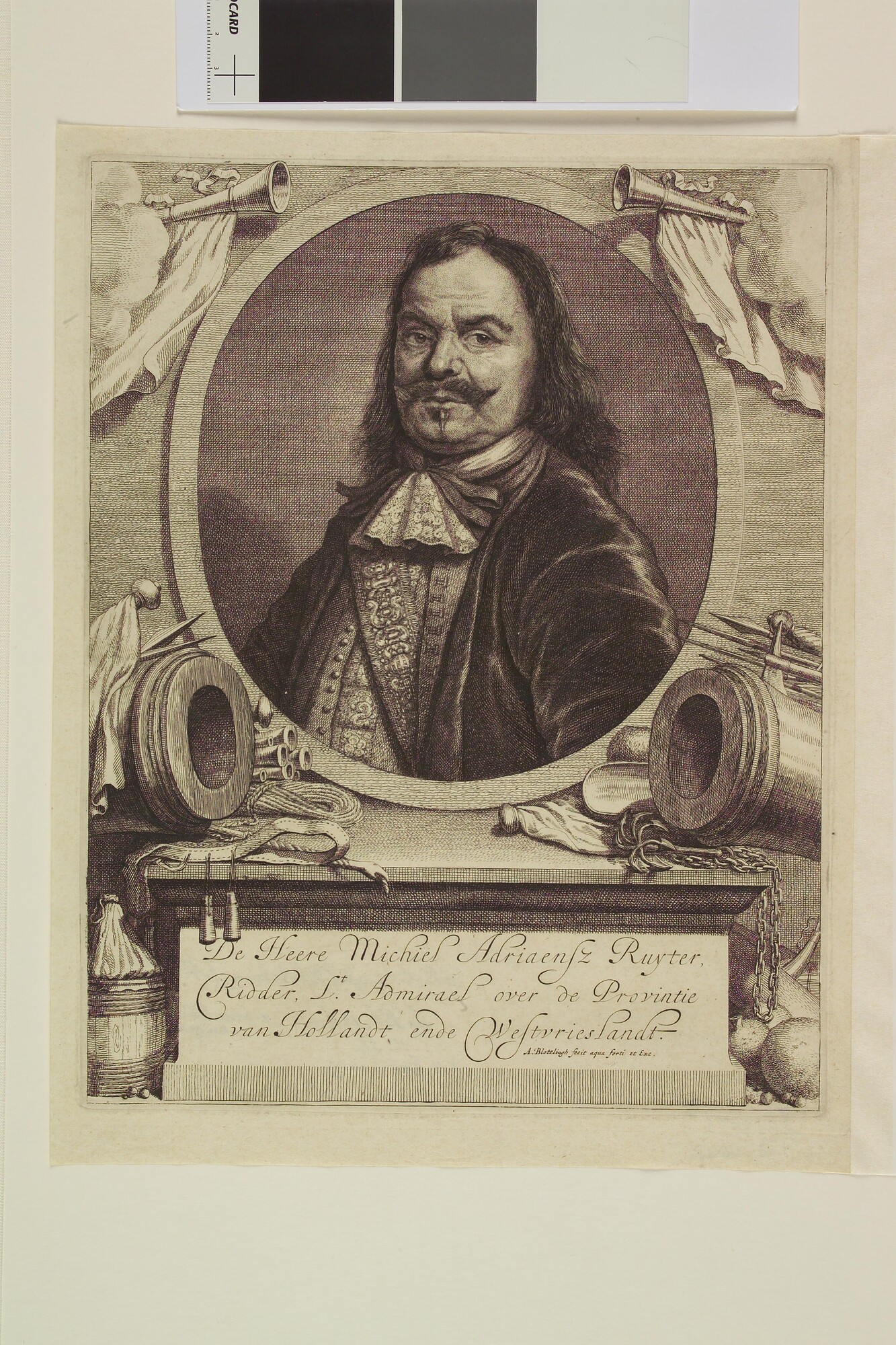 A.3024(06)o; Portret van Michiel de Ruiter, borststuk naar voren en rechts, links en; prent