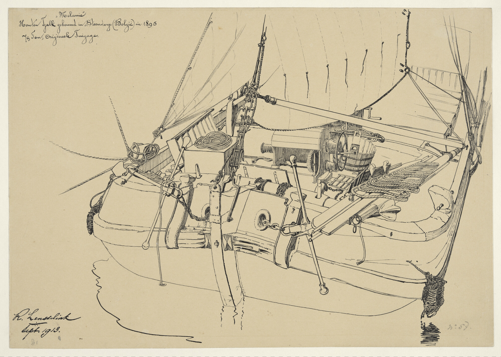 A.0038(04); Het voorschip van de tjalk 'Melanie'; tekening