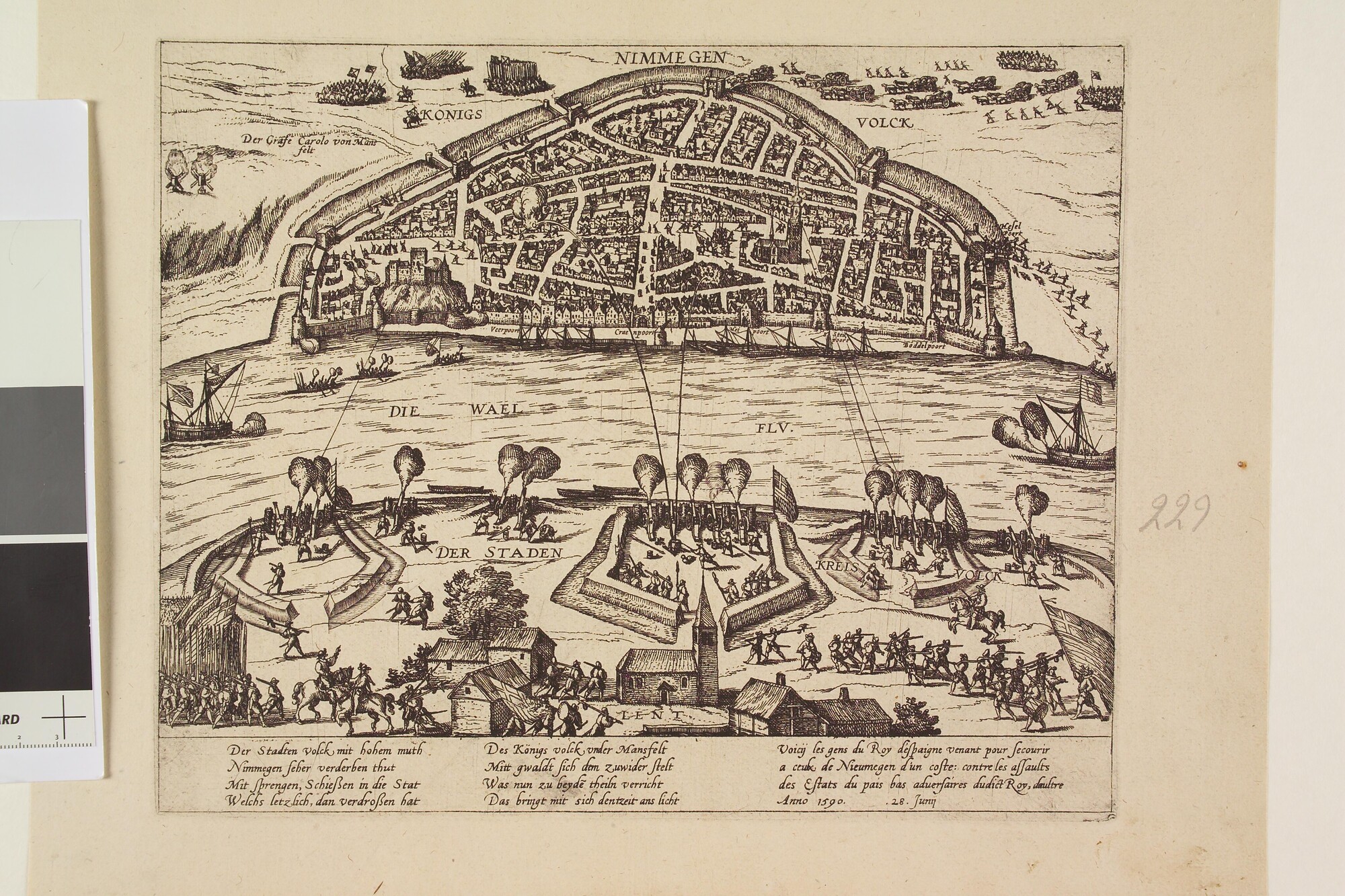 A.0145(027)291; Nijmegen uit Knodsenburg door Maurits belegerd, 28 juni 1590; prent
