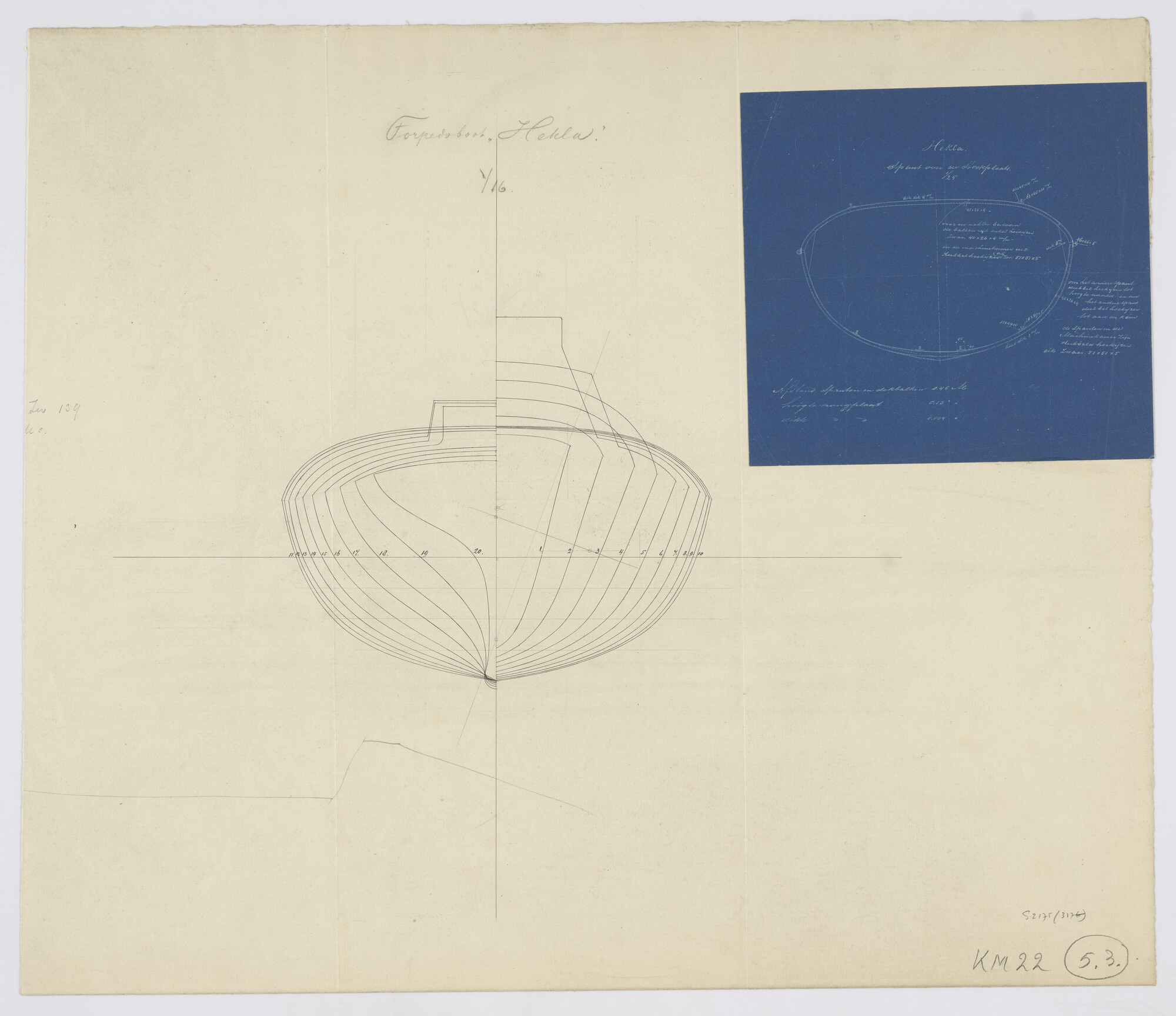 S.2175(3176); Spantenraam en dwarsdoorsnede over het spant van de stookplaats aan boord van de spartorpedoboot [...]; technische tekening