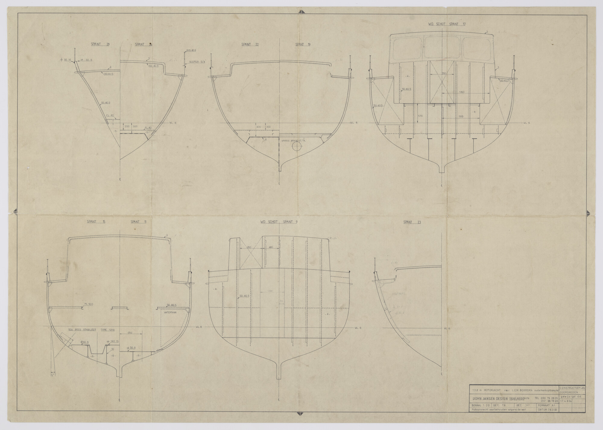 2010.1031; Constructieplan doorsneden Motorjacht van 13.82 meter; technische tekening