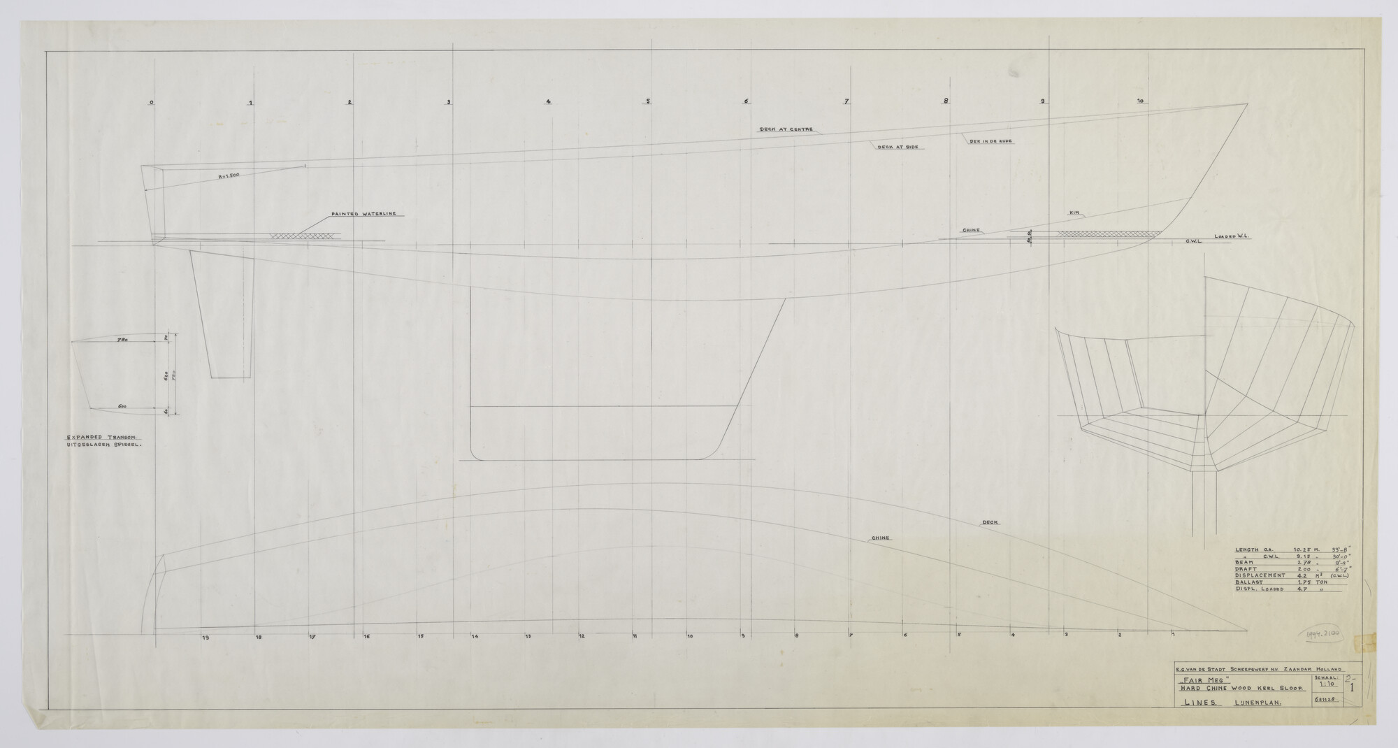 1994.2100; Lijnenplan knikspantjacht 'Fair Meg'; technische tekening