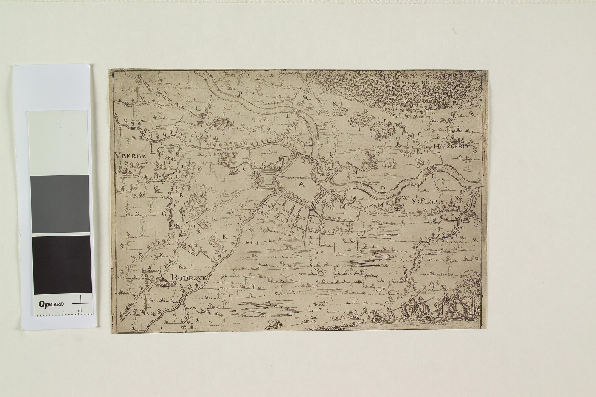 A.0145(027)442; Kaart van de belegering van een stad aan een rivier; prent