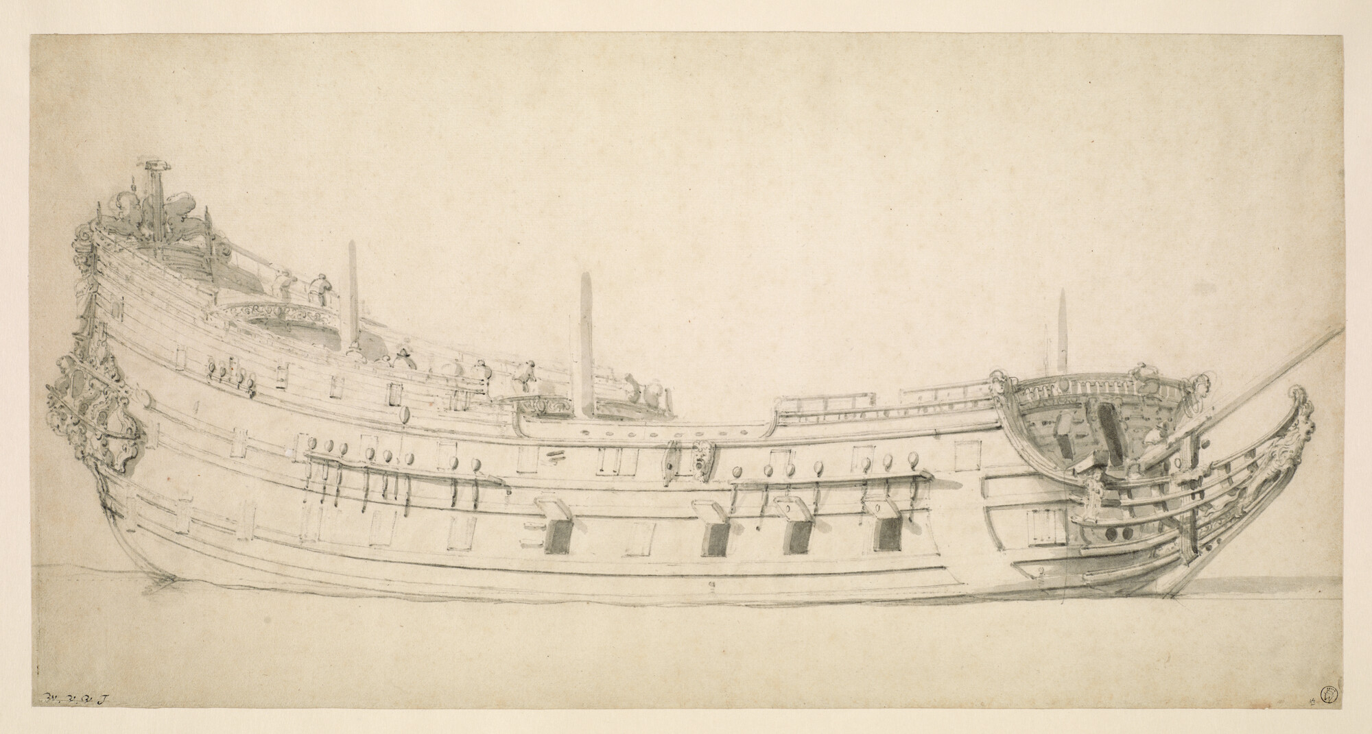 A.0149(0154); Een Nederlands oorlogsschip van ongeveer 60 stukken; tekening