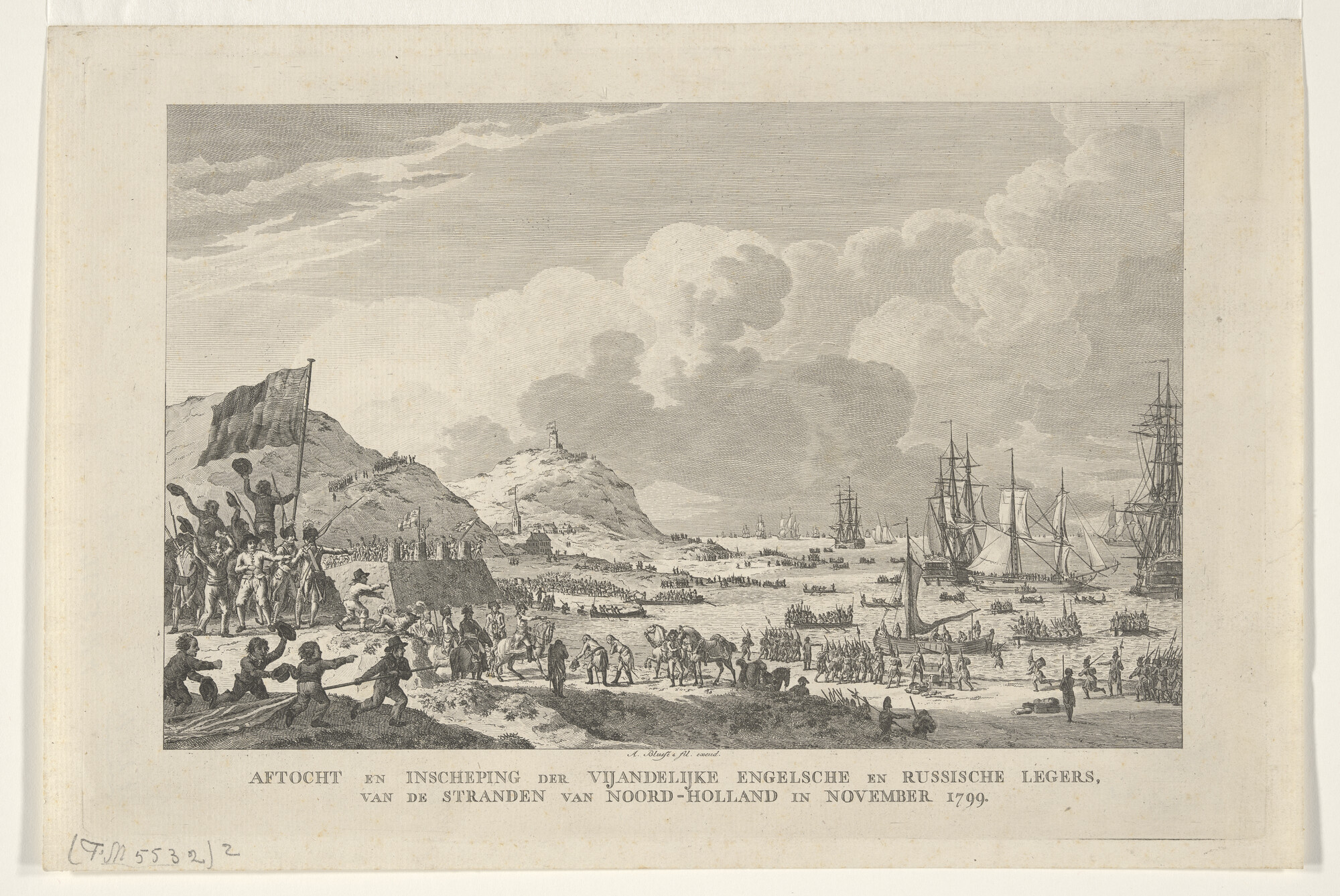 A.2071; Aftocht en inscheping van de vijandelijke Engelse en Russische legers van de stranden van Noord-Holland; prent