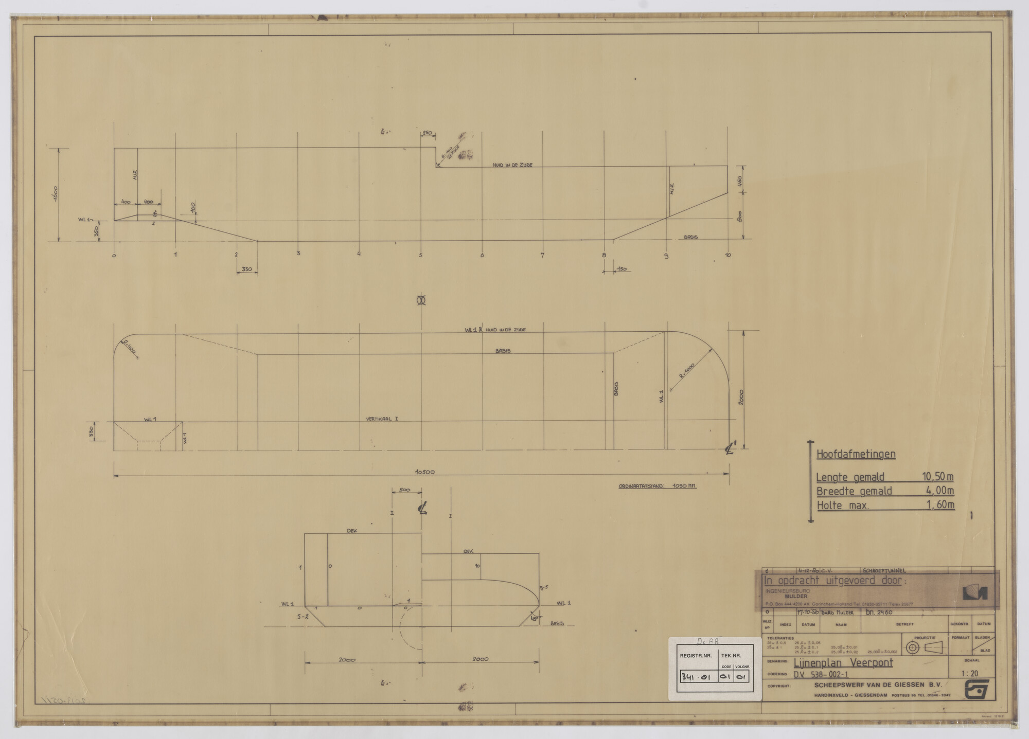 2013.0511; Lijnenplan van de veerpont De AA van 10.50 meter; technische tekening