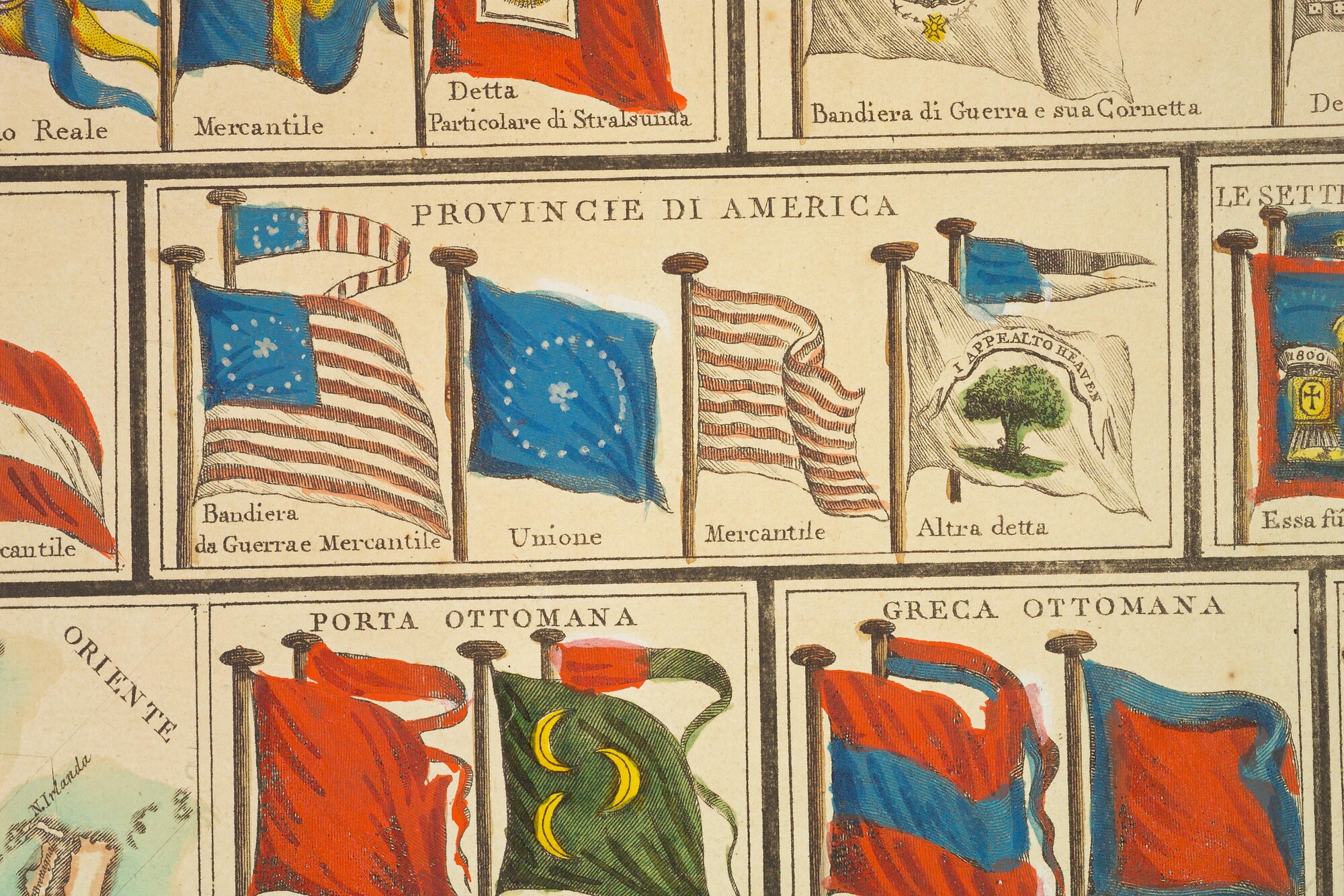 A.1583(02); Een Italiaanse handgekleurde vlaggenkaart met 110 vlaggen en wimpels van zeevarende naties; prent