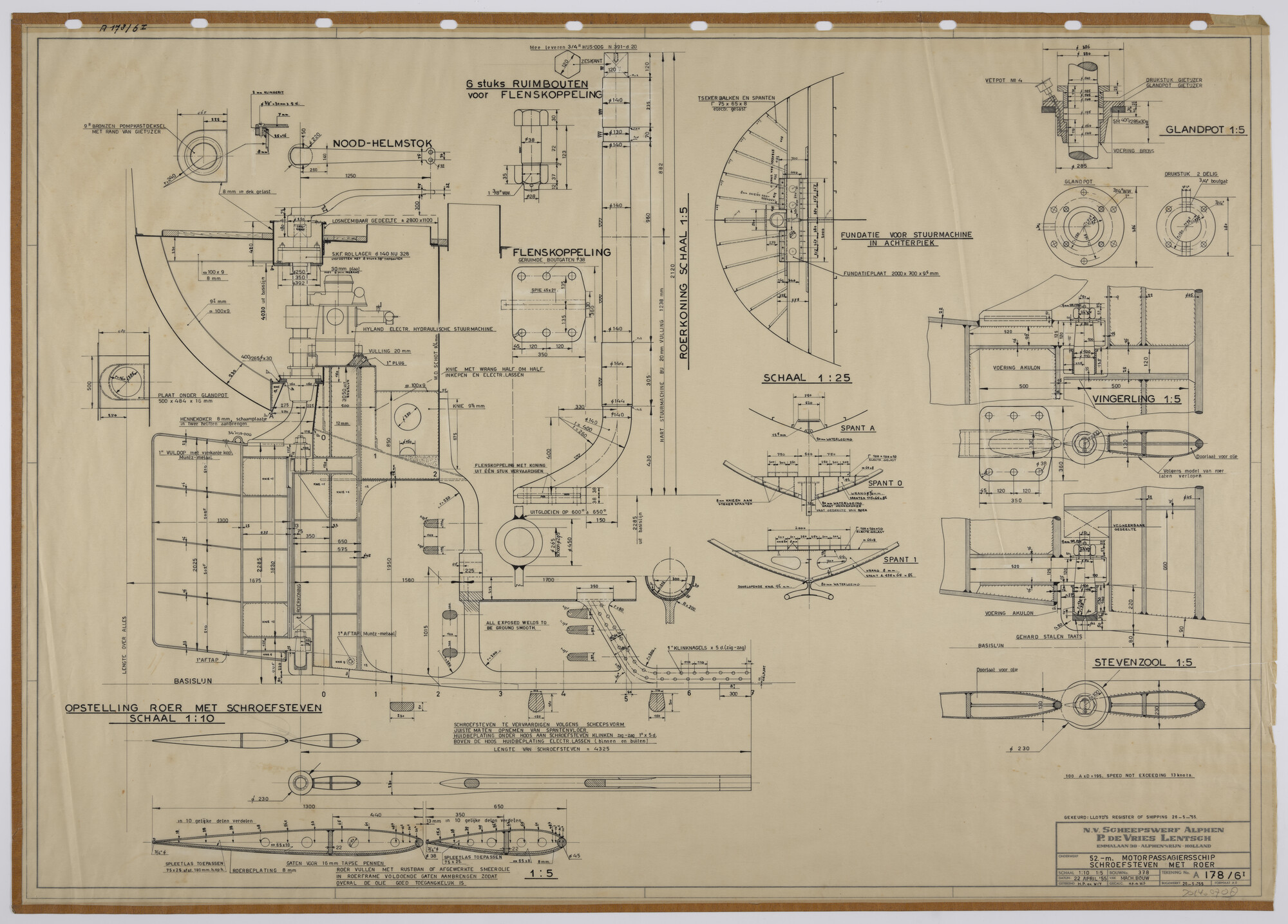 2014.0708; Schroefsteven met roer van 52 m. motorpassagiersschip Friesland; technische tekening