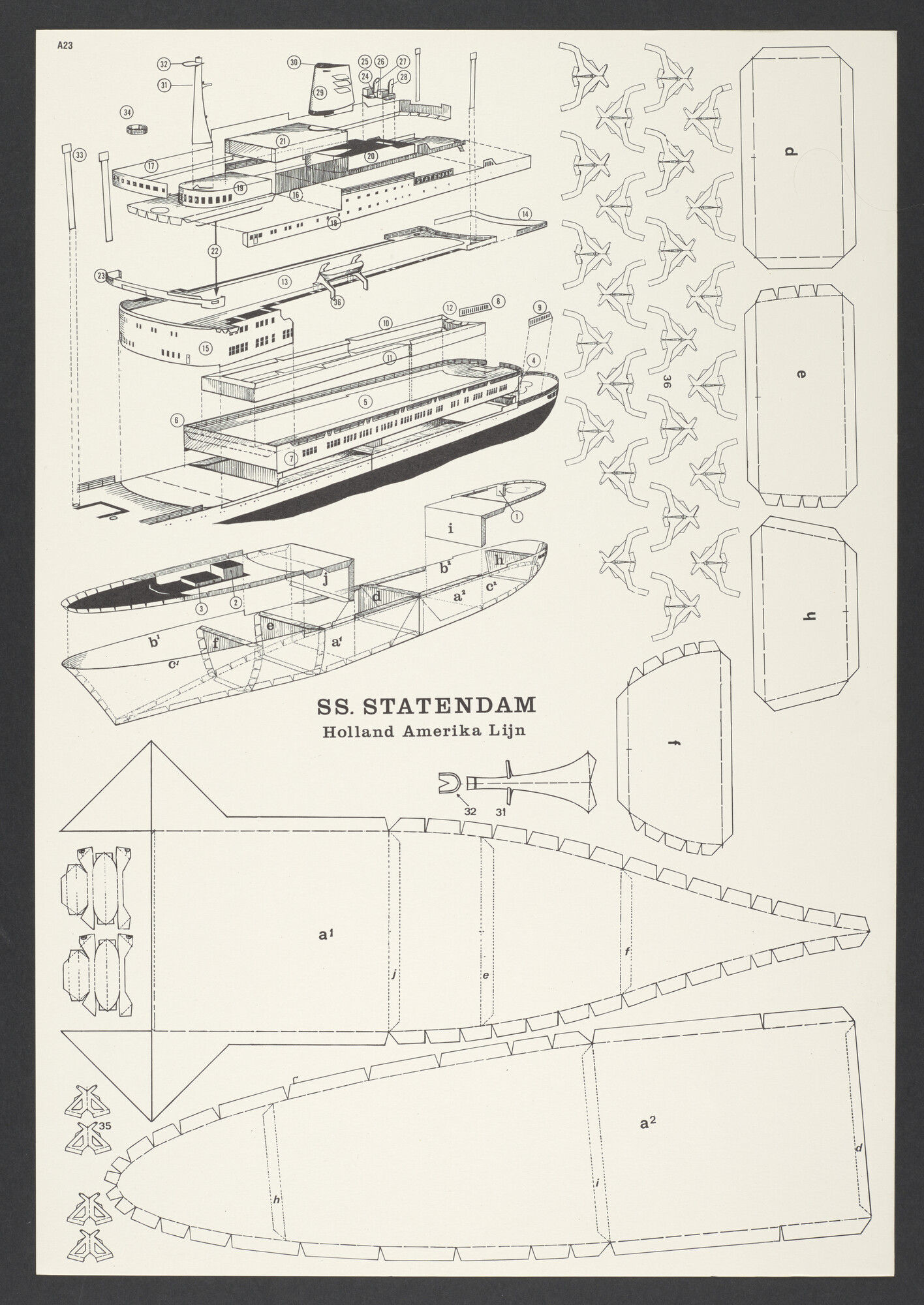 2018.0631; Bouwplaat voor een papieren model van ss. Statendam van de Holland-Amerika Lijn; bouwplaat