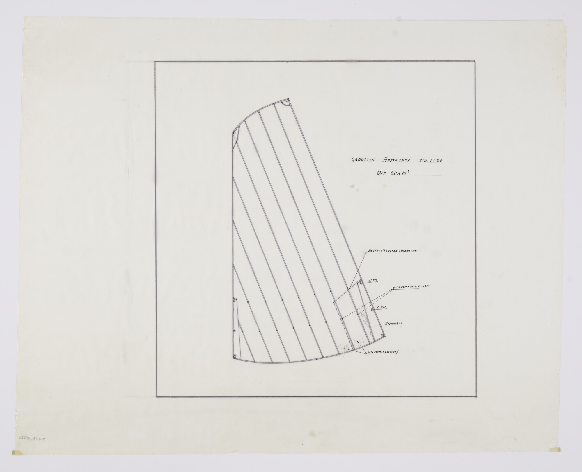 2012.0321; Zeilplan van de zeeschouw Bestevaer van 9.68 m; technische tekening