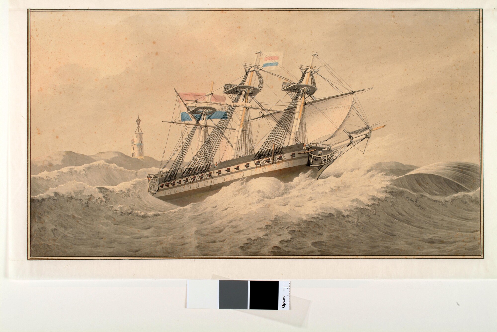 A.0503(03); Een Nederlands linieschip onder noodtuig; tekening