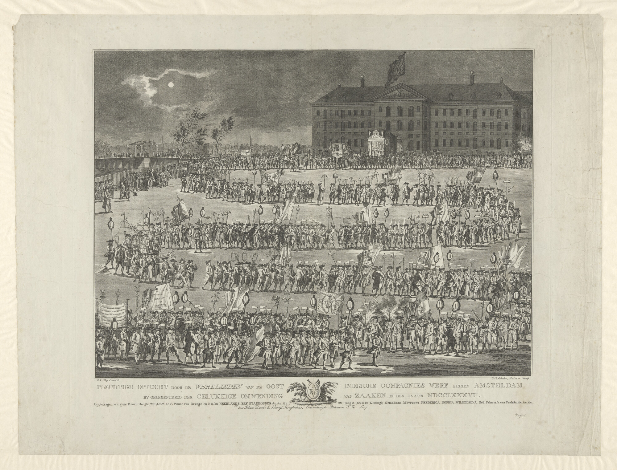 A.0534(02); Optocht op het Kattenburgerplein te Amsterdam door de werklieden van de werf van de Oostindische Compagnie; prent