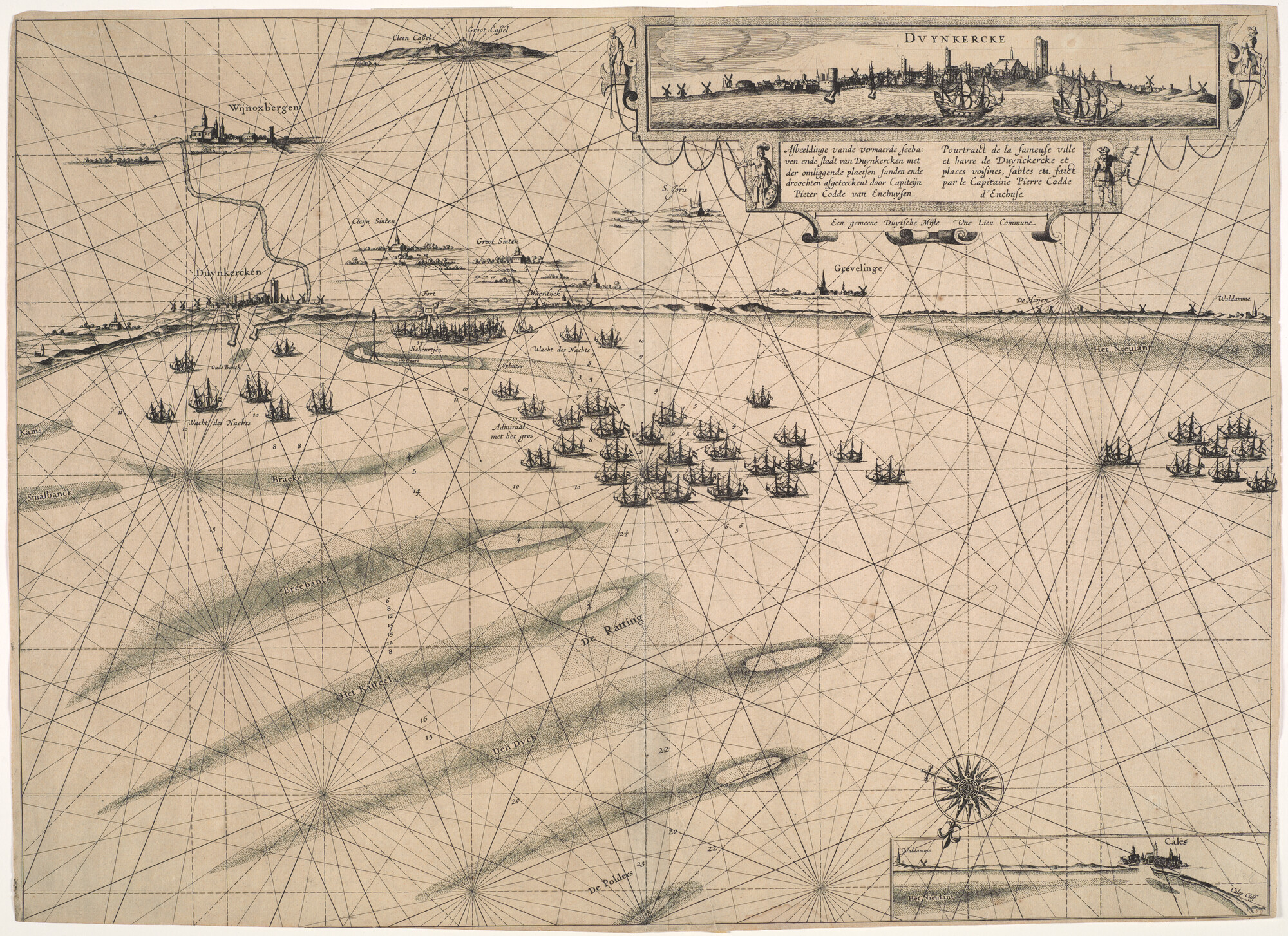 A.1280(04); Kaart en aanzicht van Duinkerken, Calais en omliggende plaatsen; zeekaart