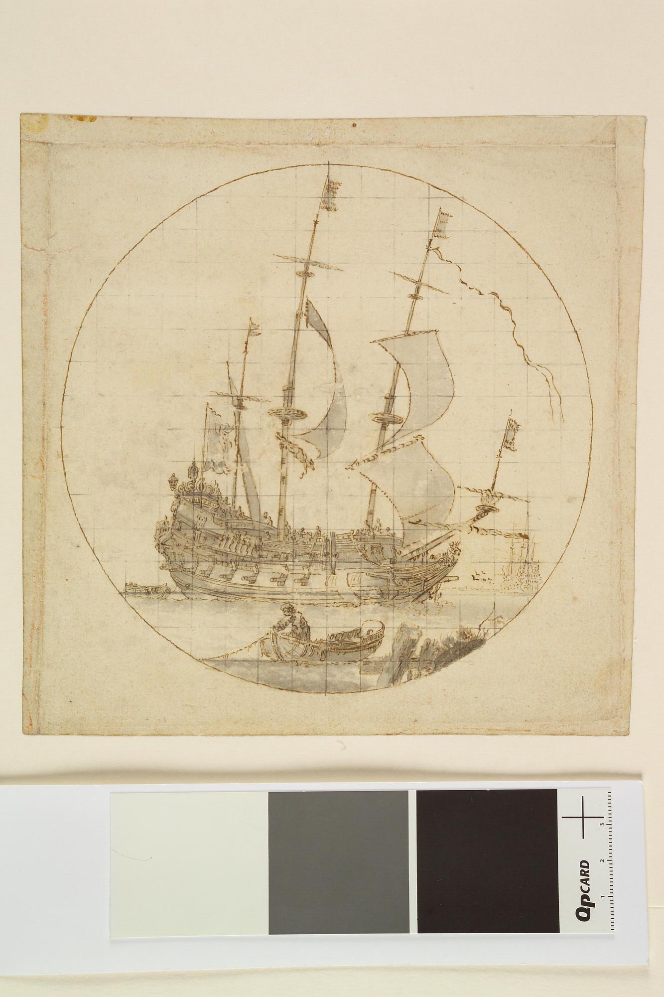 A.3446; Een van een rede onder zeil gaand linieschip (oorlogsfregat), gezien van stuurboord, getekend in een cirkel met lijnenraster; tekening