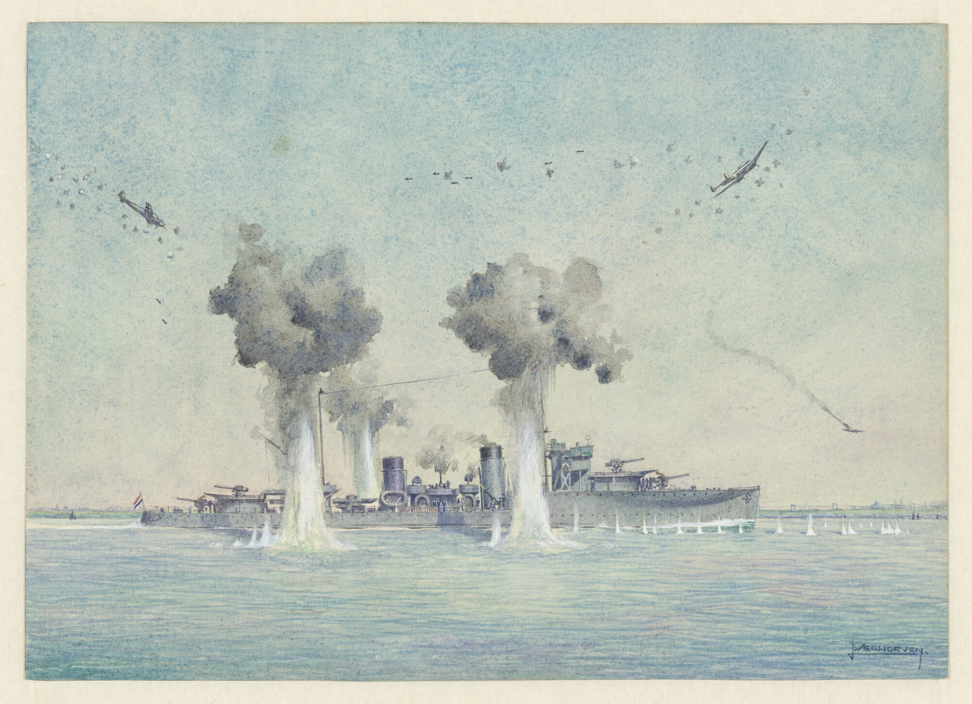 S.7217(06); Hr.Ms. 'Van Galen' tijdens het bombardement op de Nieuwe Waterweg in Mei 1940; tekening