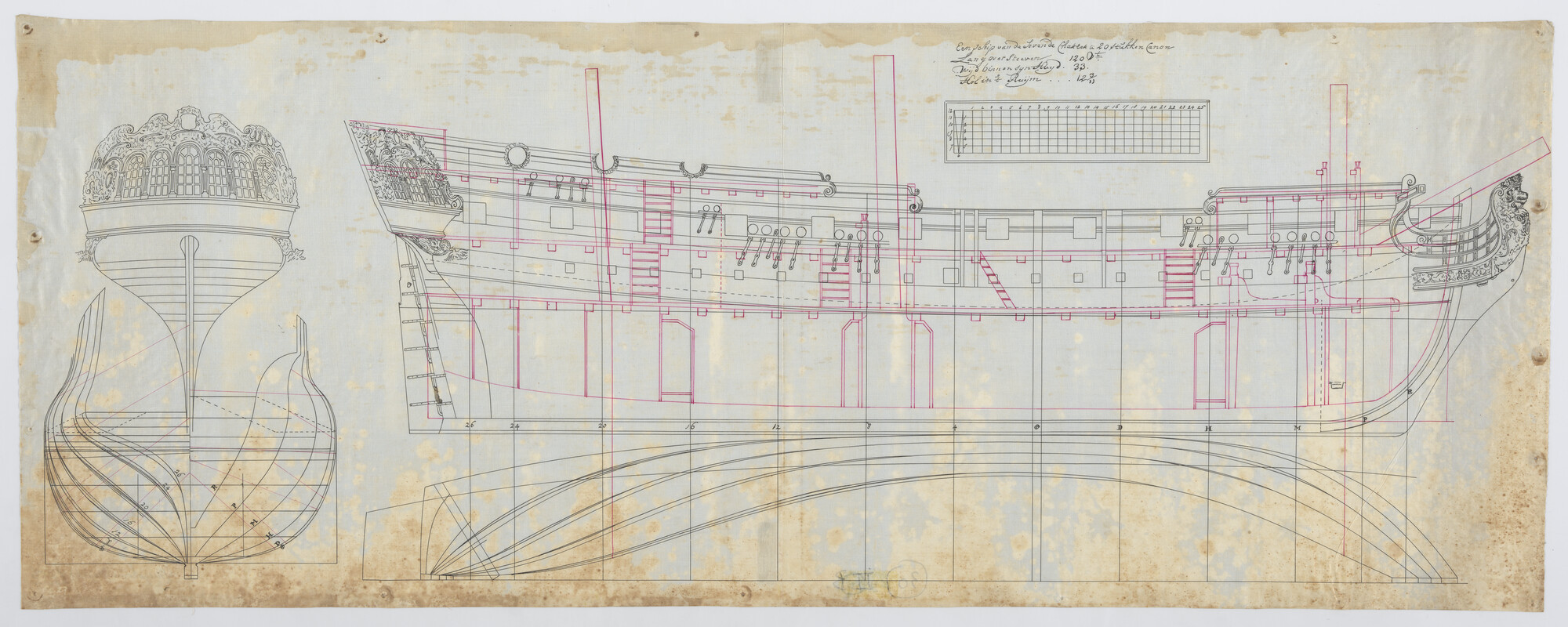 S.1156(05)0147; Lijnenplan van een schip van het zevende charter met 20 stukken; technische tekening