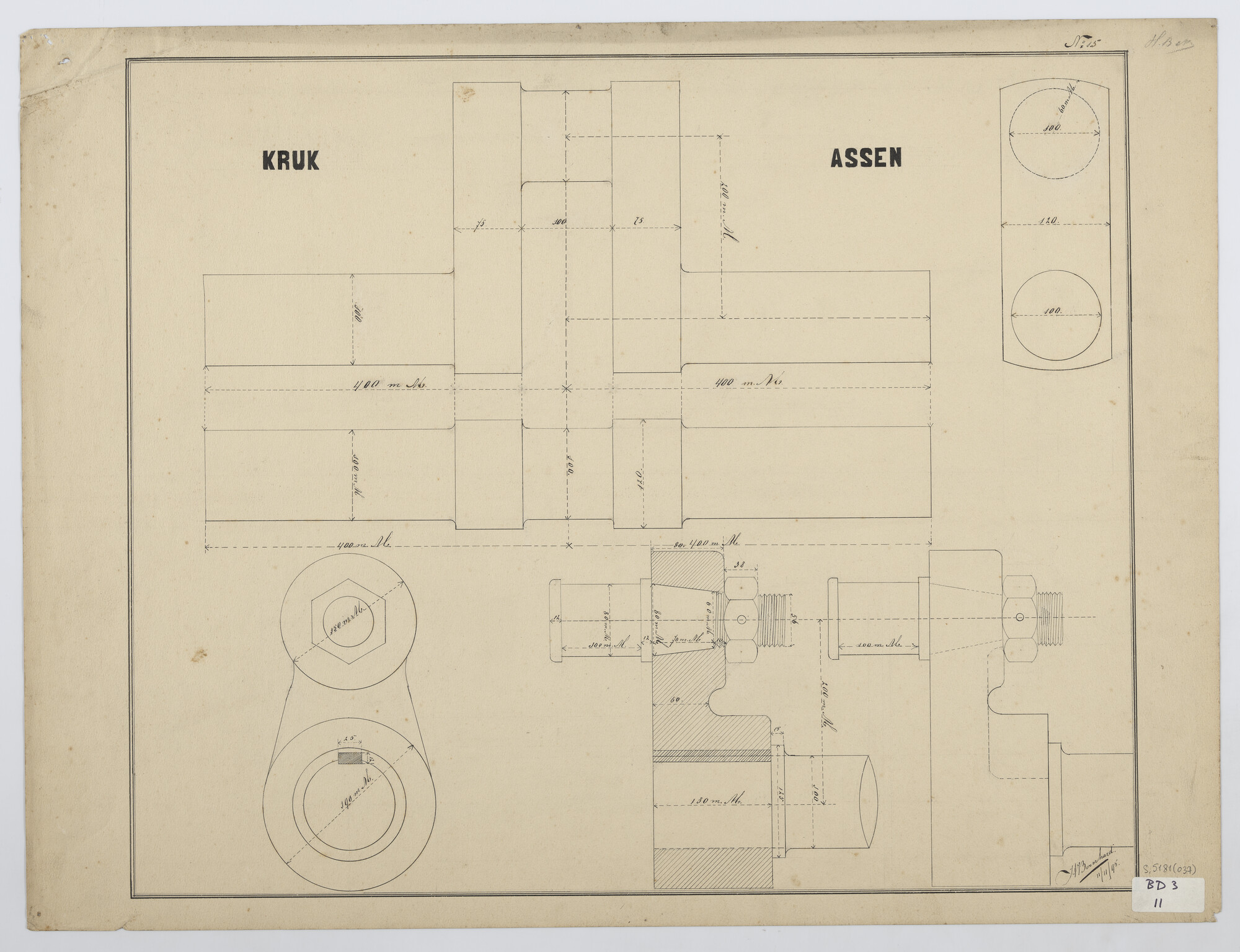 S.5181(037); Inleiding in de eerste beginselen rechtlijnig, bouwkunstig- en werktuigbouwkunstig tekenen: krukassen; technische tekening