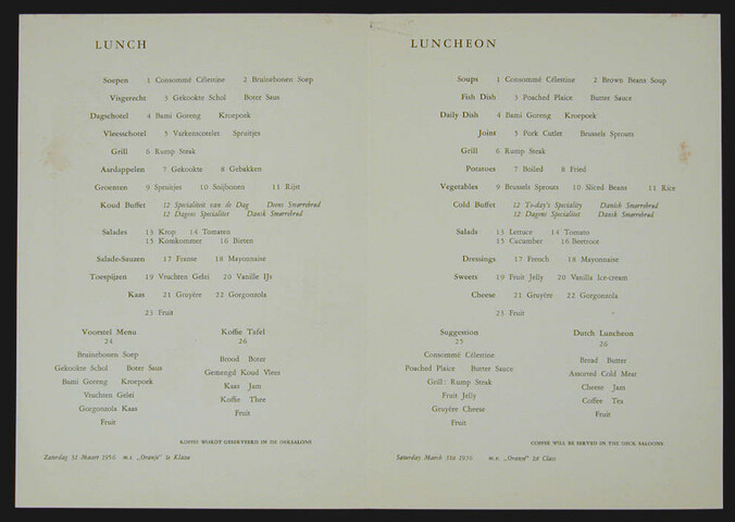 1994.6744; Menukaart voor lunch aan boord van ms. 'Oranje' van de SMN, 31 maart 1956; menukaart