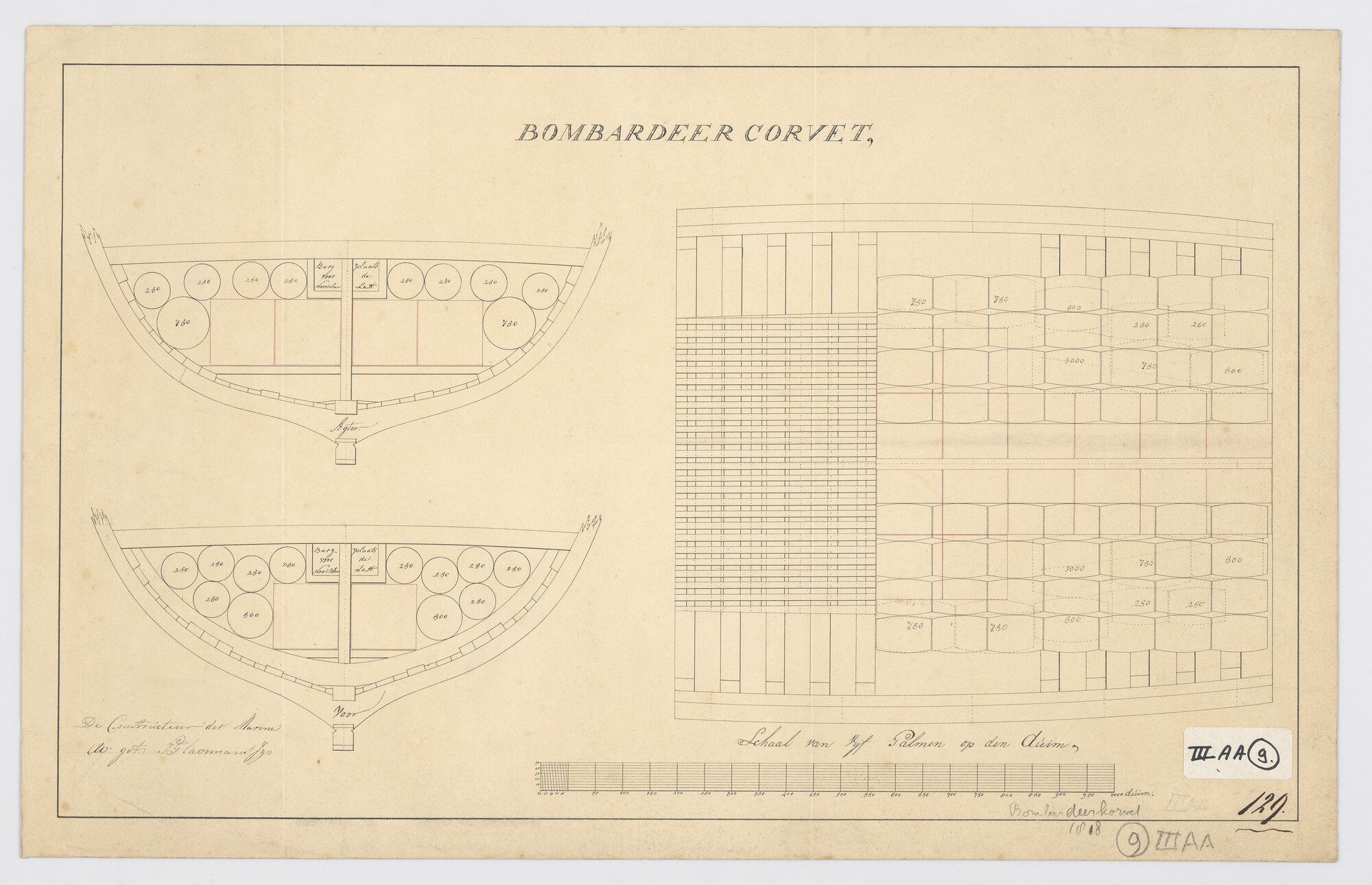 S.1214(0102); Indeling ruim van een bombardeerkorvet; technische tekening