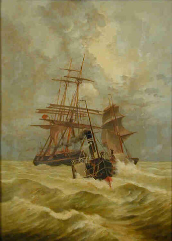 A.2551; Een Engelse koopvaardijbark gesleept door een radersleepboot; schilderij