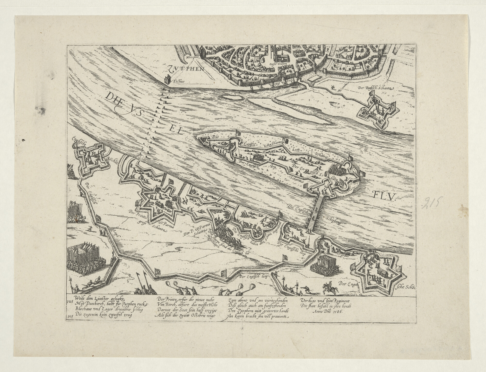 A.0145(027)276; Zutphen door Leicester belegerd, door Parma ontzet, 1586; prent