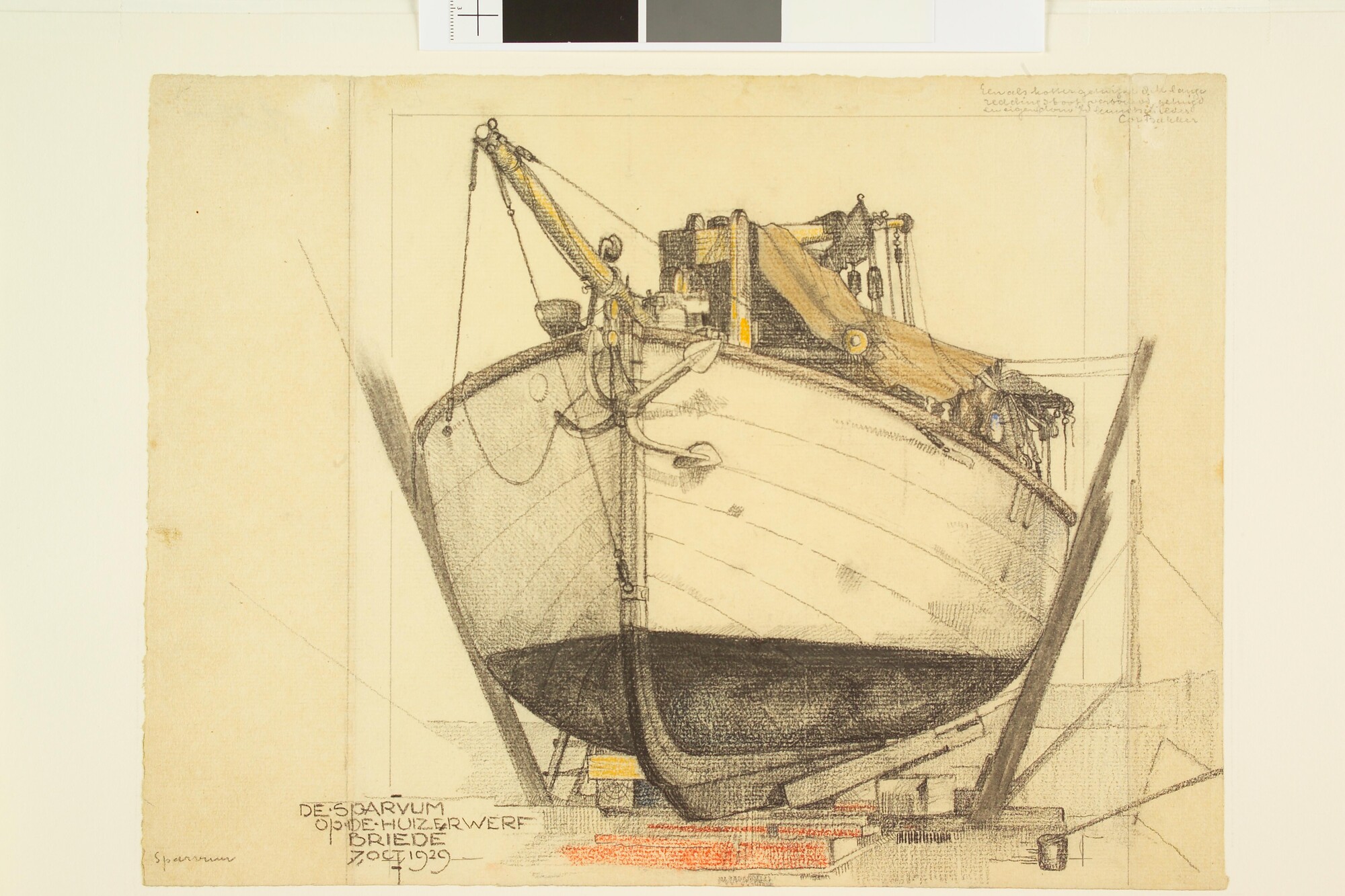 A.4894(14); Het reddingbootjacht de 'Sparvum' op de helling te Huizen, 1929; tekening