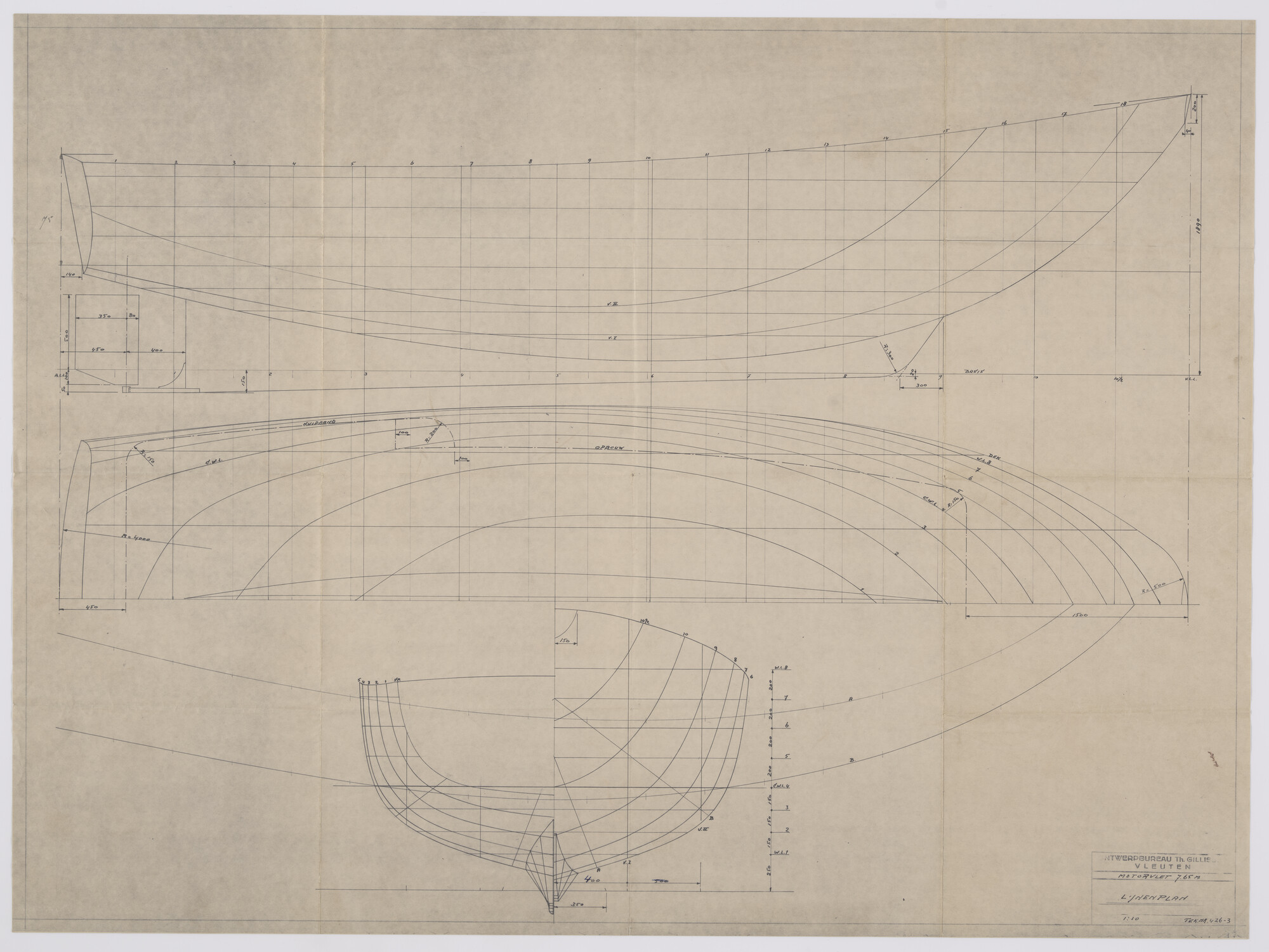 2010.0437; Lijnenplan Stalen Motorvlet van 7.65 meter; technische tekening