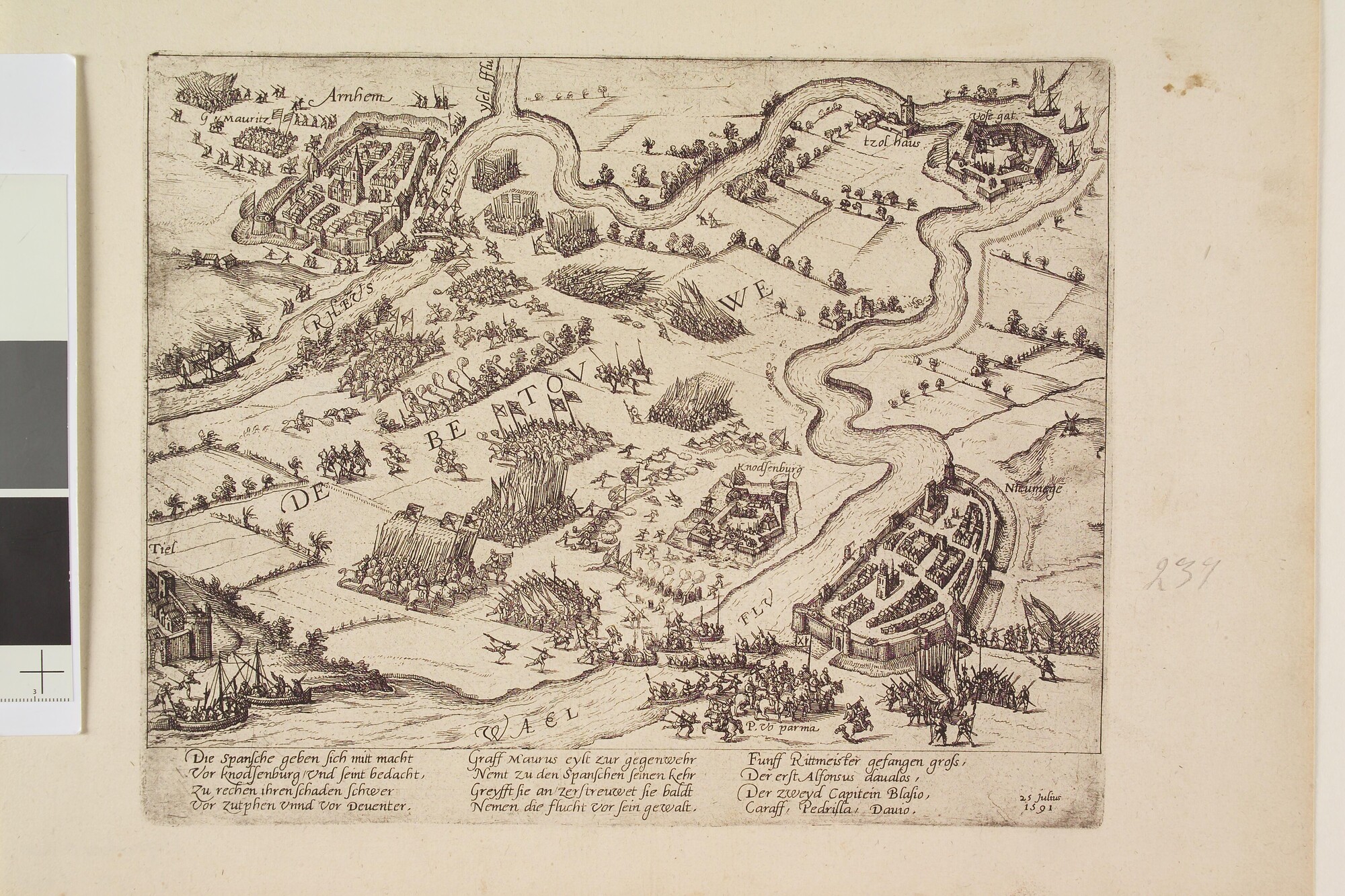 A.0145(027)297; Maurits verslaat de Spanjaarden bij Nijmegen, 25 juli 1591; prent