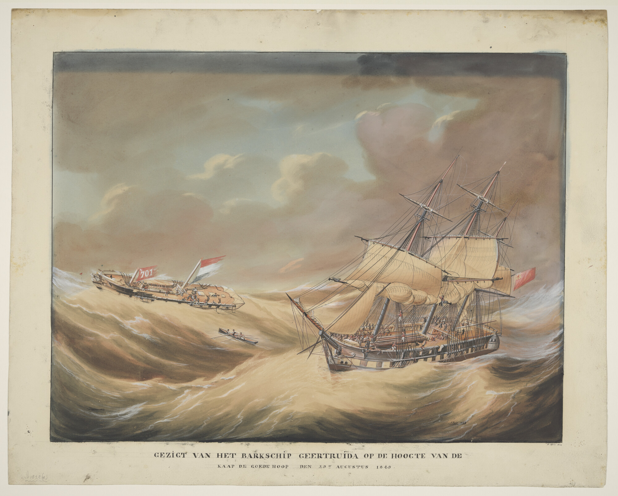 A.1825(01); Het barkschip Geertruida schipbreuk lijdend; tekening