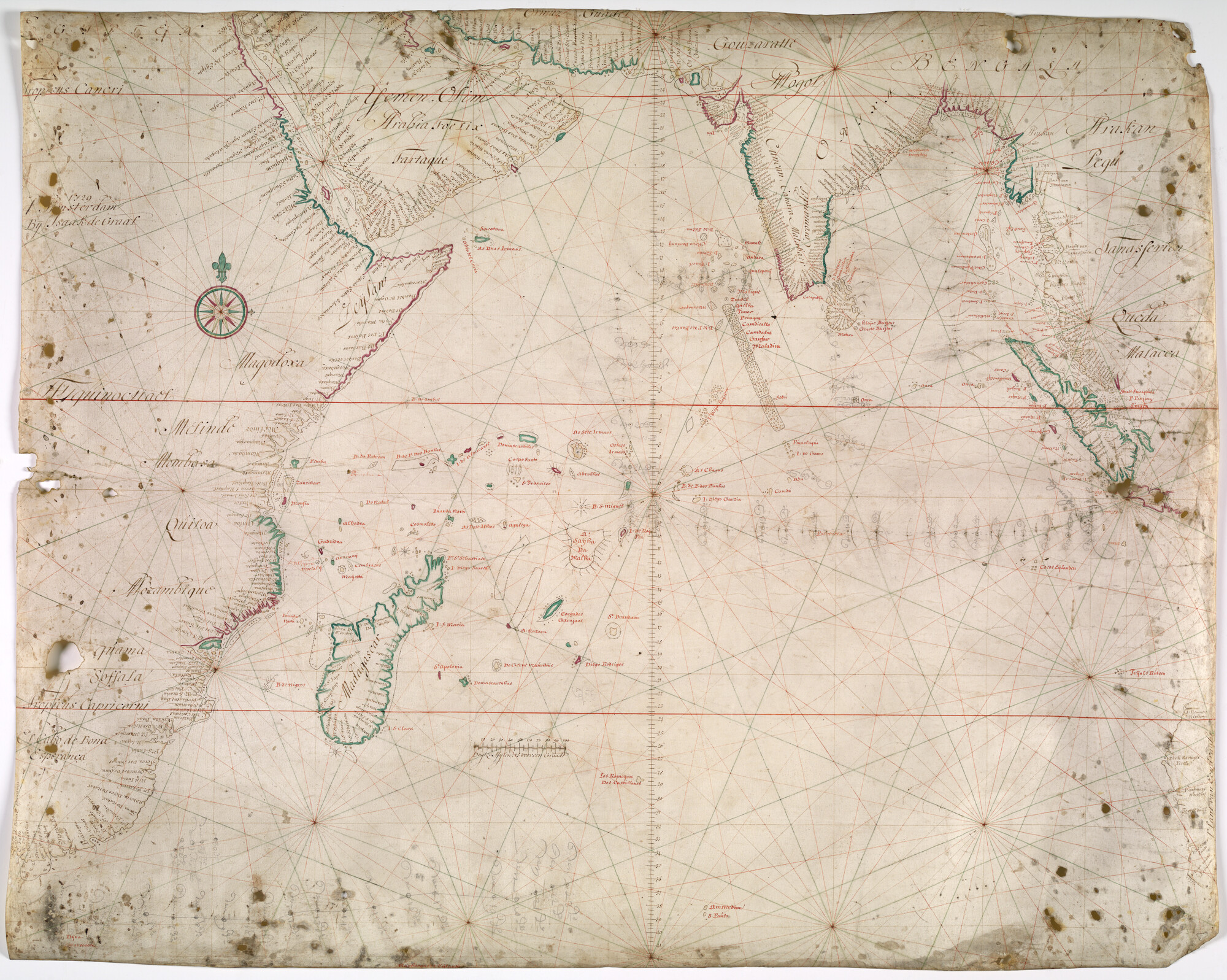 A.0145(127)4; Zeekaart van de Indische Oceaan met de oostkust van Afrika, India en een deel van de westkust van Australië (Land van de Eendracht); perkamentkaart