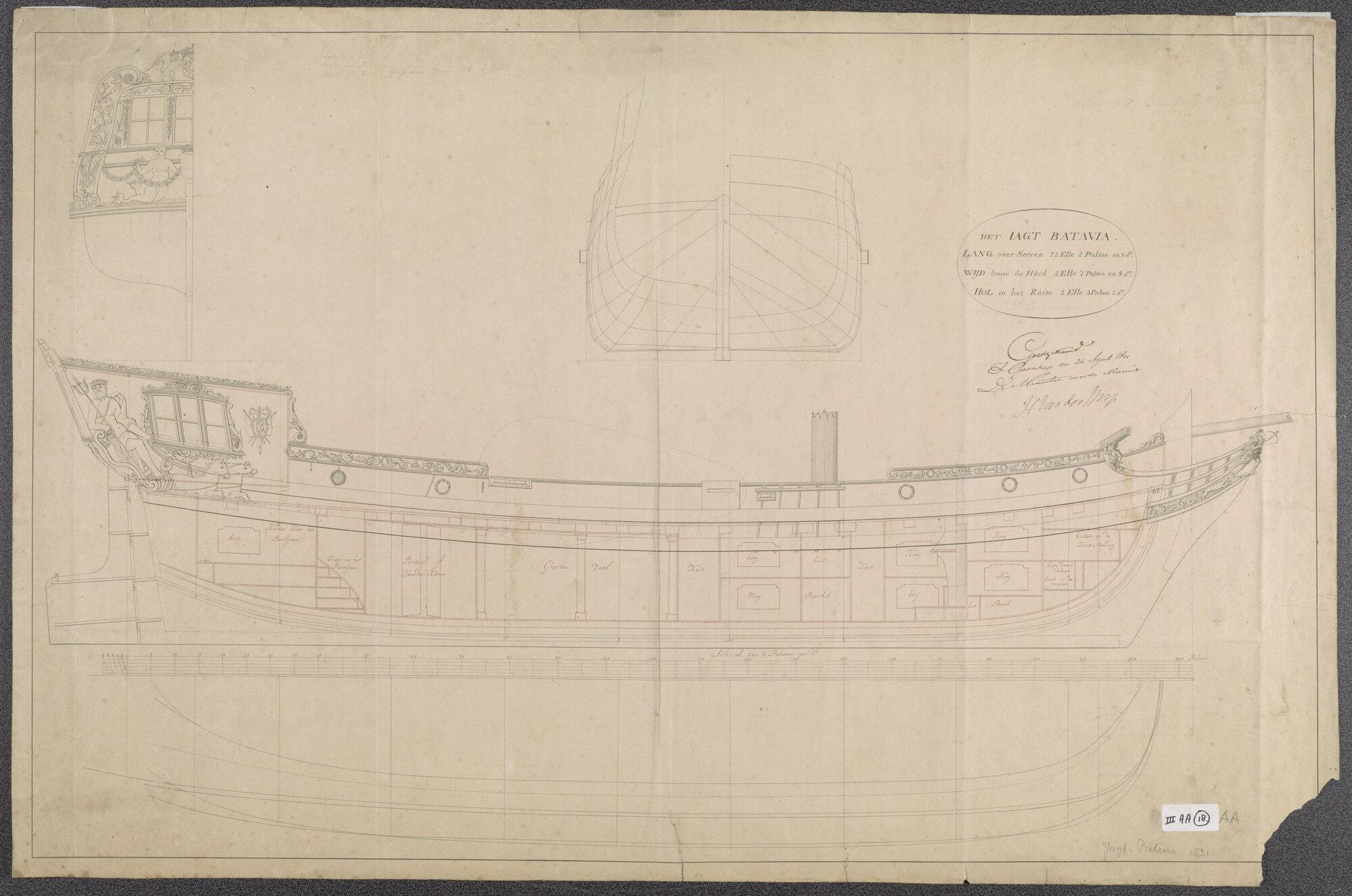 S.1214(0111); Algemeen- en lijnenplan van het jacht  'Batavia'; technische tekening