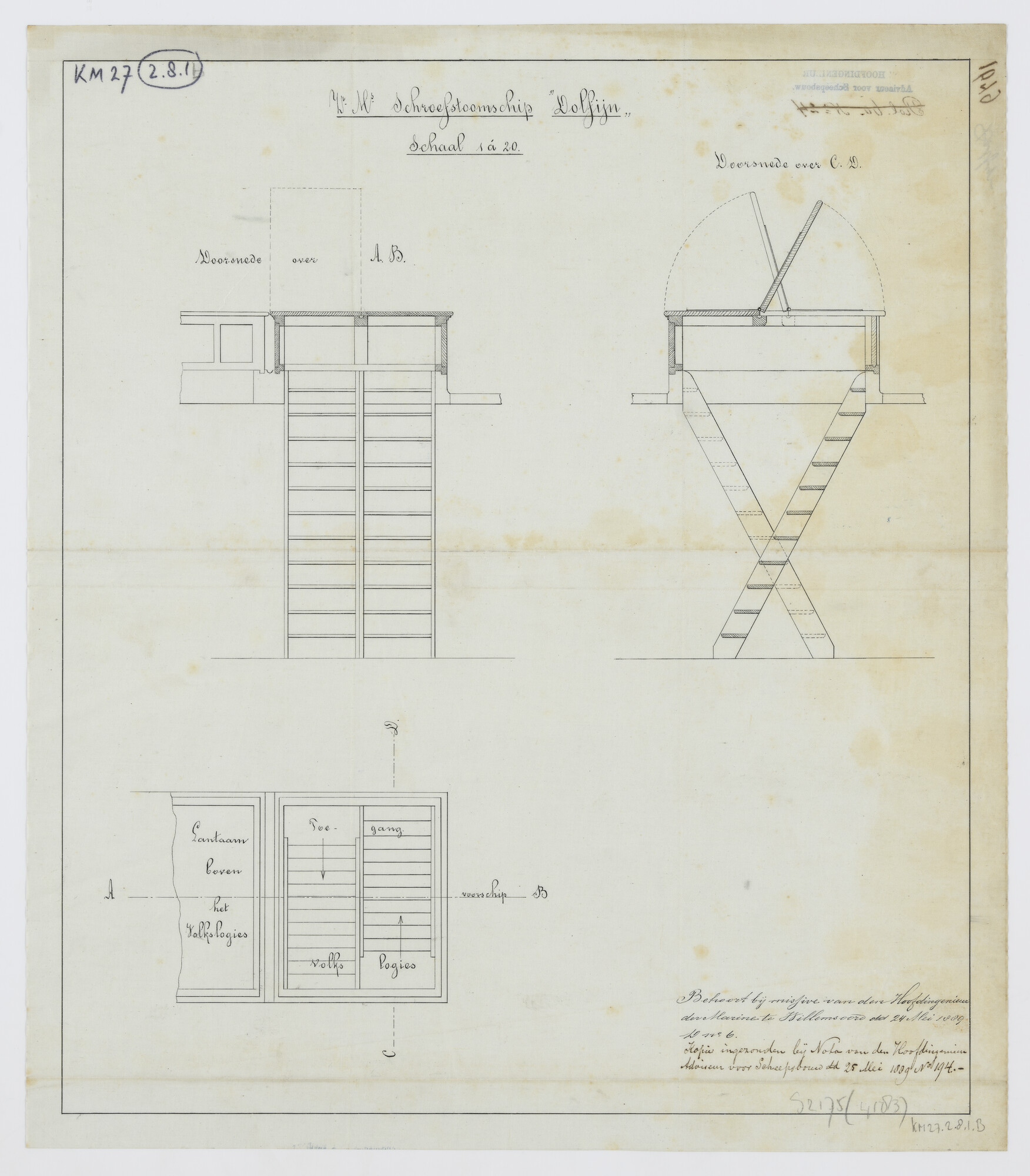 S.2175(4183); Lantaarn en toegang van het volkslogies van Zr.Ms. 'Dolfijn'; technische tekening