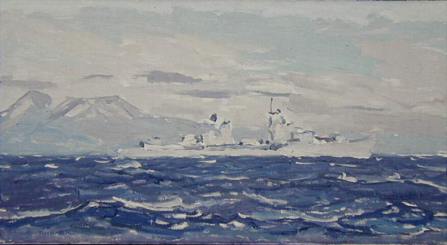 A.4925(01); De onderzeebootjager Hr.Ms. Utrecht in de Middellandse Zee; schilderij