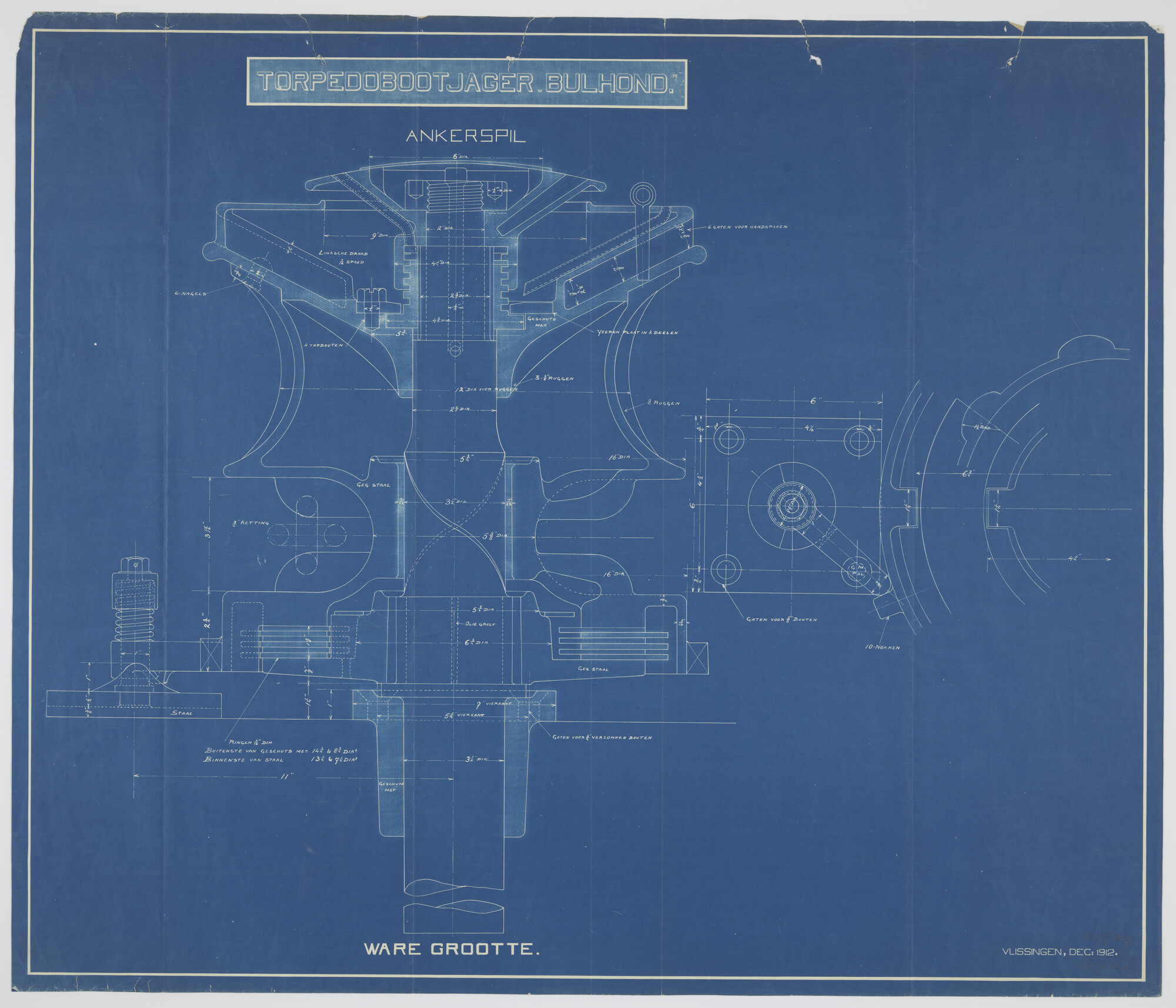 S.2175(3662); Verticale doorsnede van het ankerspil aan boord van de torpedobootjager Hr.Ms. 'Bulhond'; technische tekening