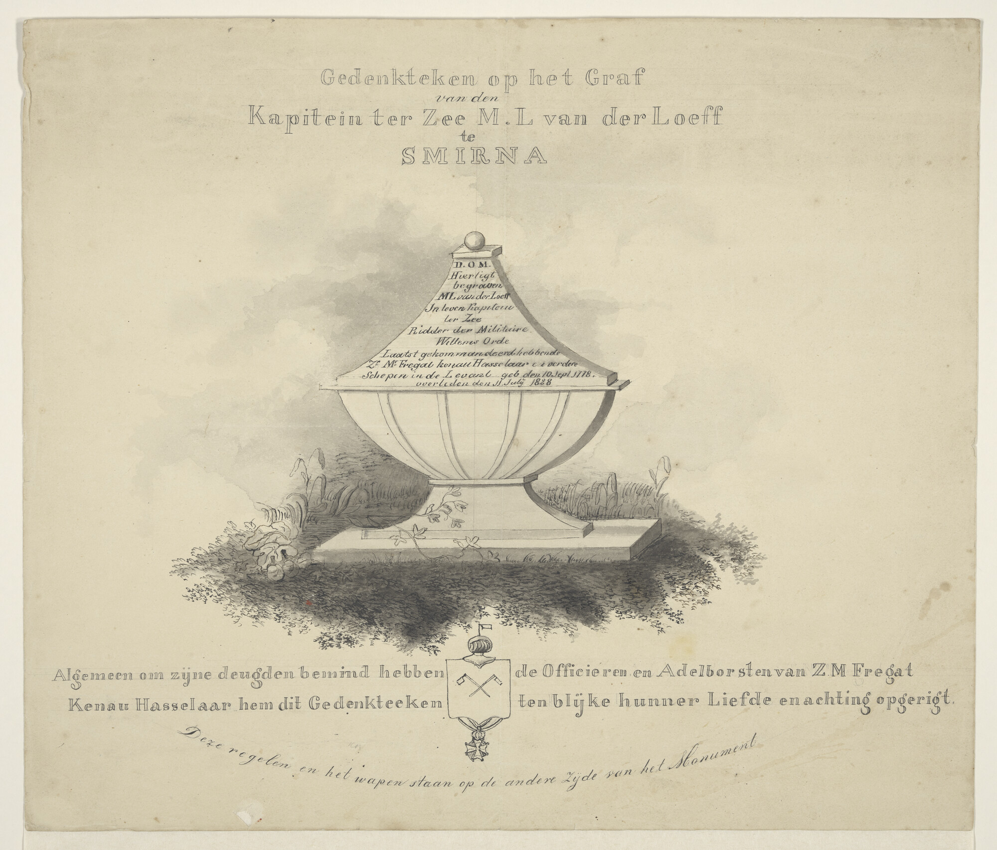 S.2345; Gedenkteken op het graf van kapitein-ter-zee M.L. van der Loef; tekening